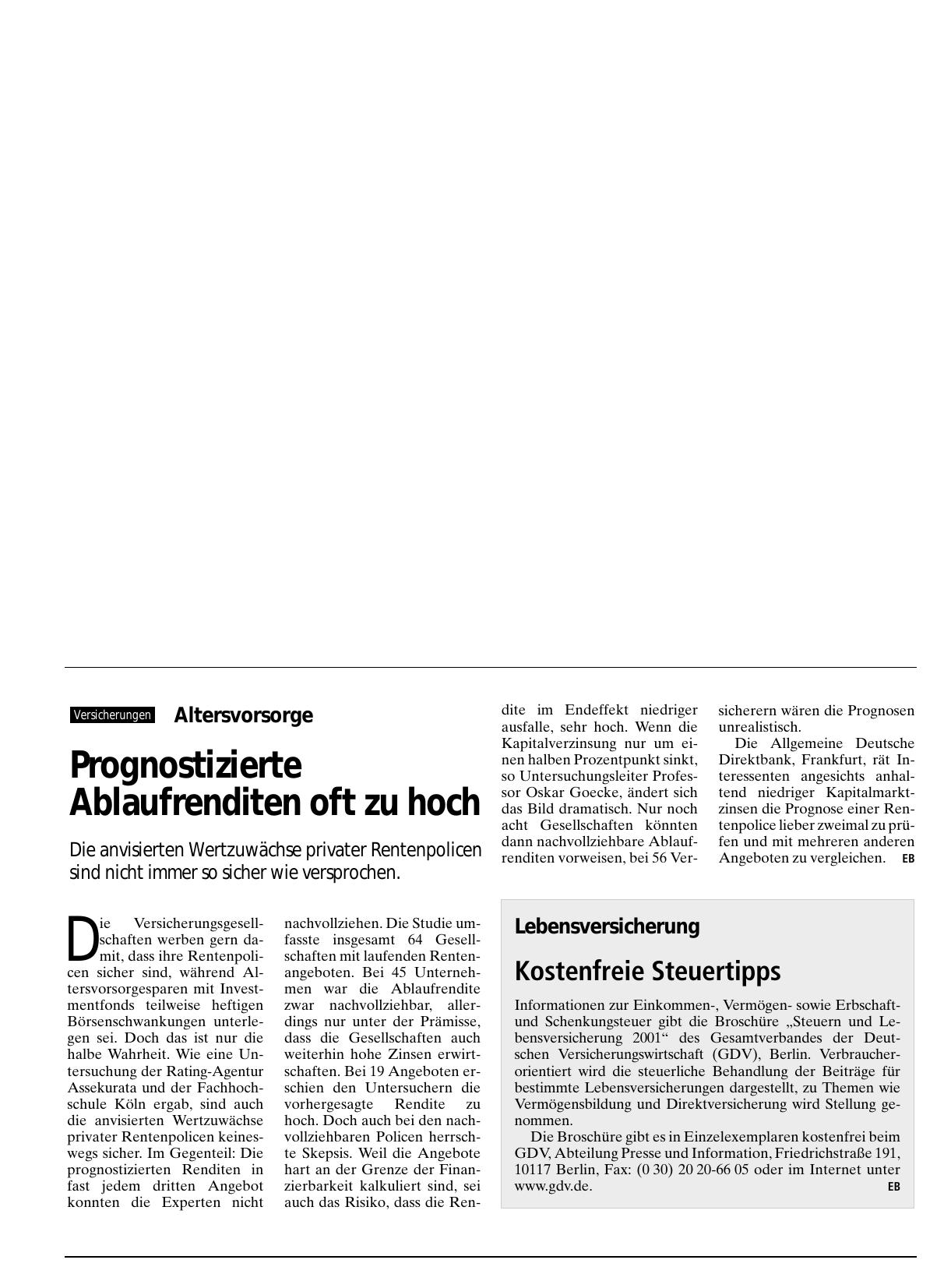 Vorschauseite 1: Altersvorsorge: Prognostizierte Ablaufrenditen oft zu hoch