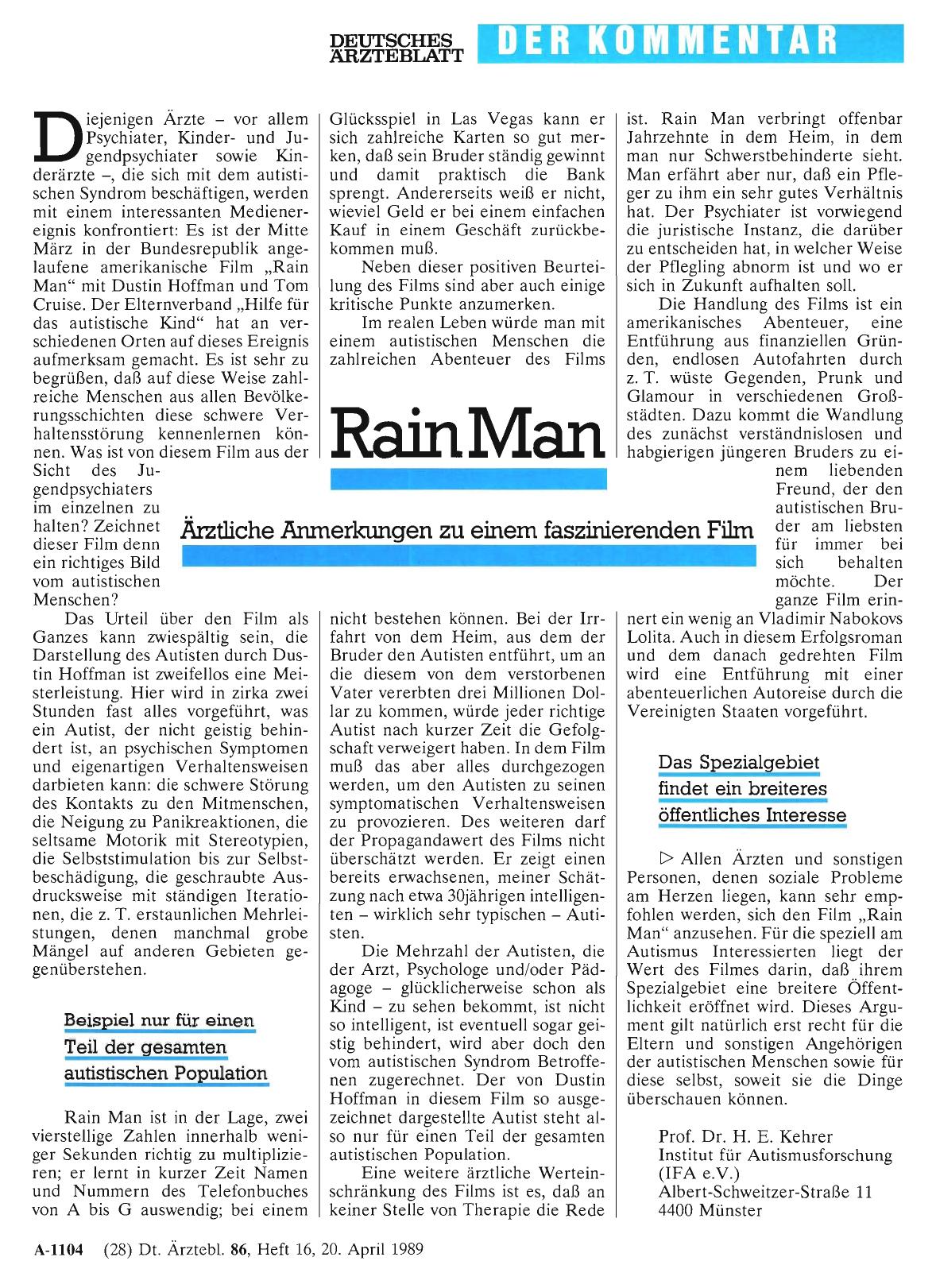 Vorschauseite 1: Rain Man: Ärztliche Amerkungen zu einem faszinierenden Film