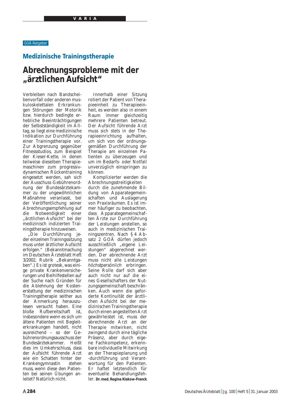 Vorschauseite 1: Medizinische Trainingstherapie: Abrechnungsprobleme mit der „ärztlichen Aufsicht“