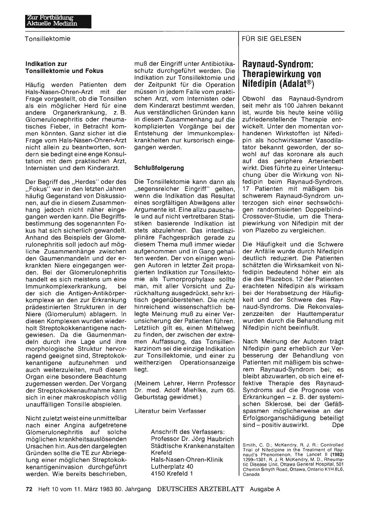 Vorschauseite 1: Raynaud-Syndrom: Therapiewirkung von Nifedipin (Adalat®)