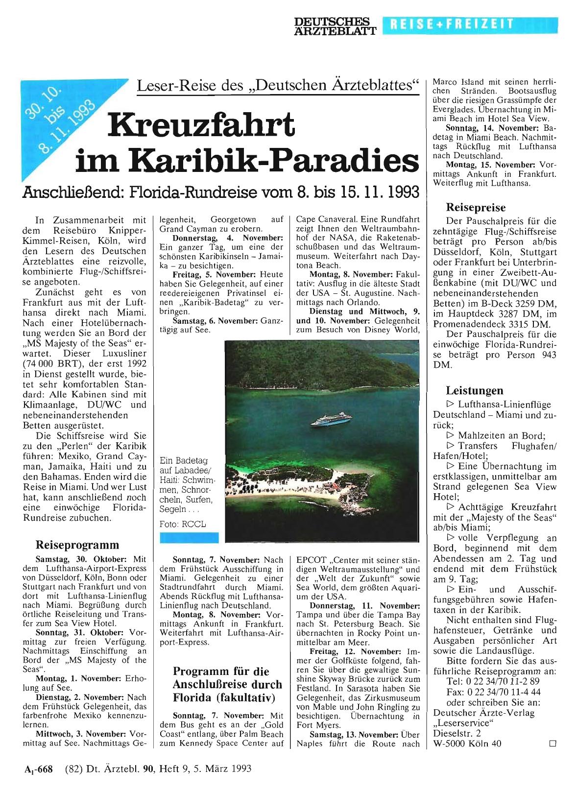 Vorschauseite 1: Leser-Reise des „Deutschen Ärzteblattes“: Kreuzfahrt im Karibik-Paradies