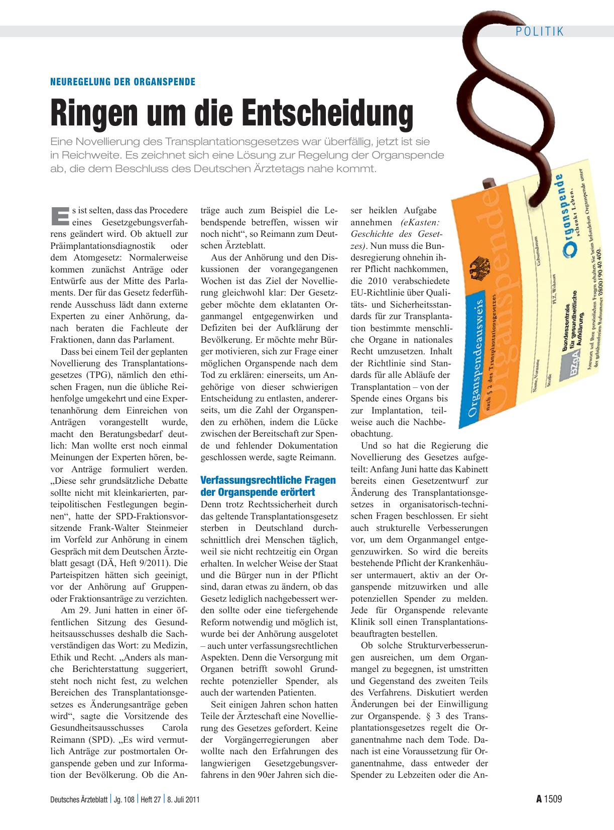 Vorschauseite 1: Neuregelung der Organspende: Ringen um die Entscheidung