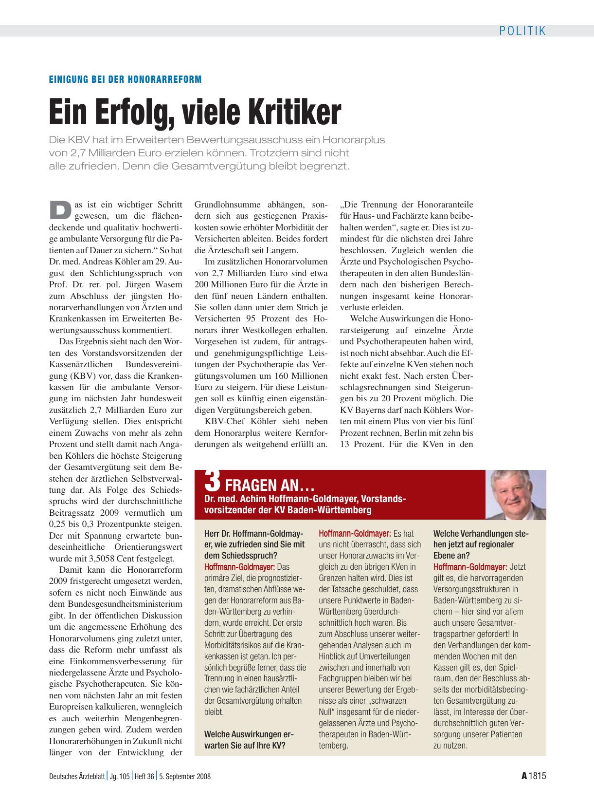 Vorschauseite 1: Einigung bei der Honorarreform: Ein Erfolg, viele Kritiker