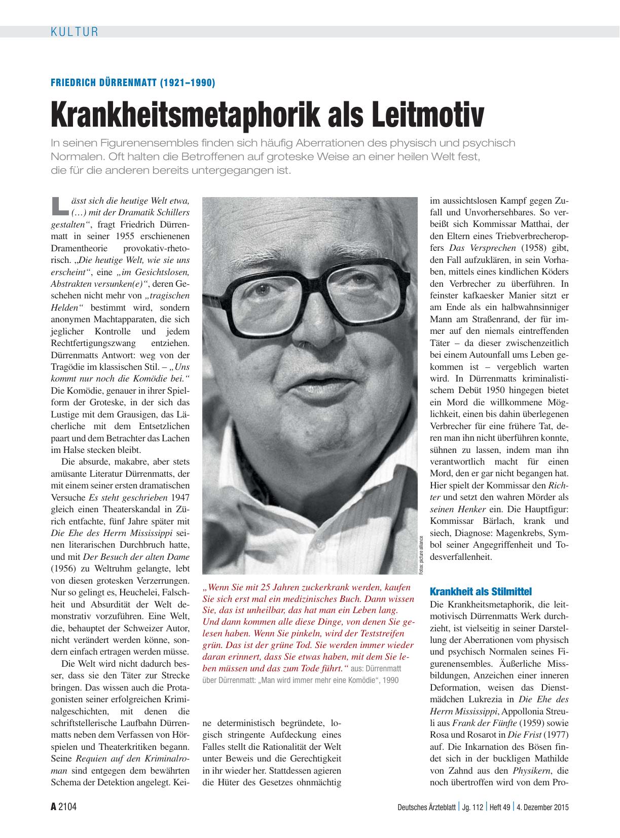 Vorschauseite 1: Friedrich Dürrenmatt (1921–1990): Krankheitsmetaphorik als Leitmotiv