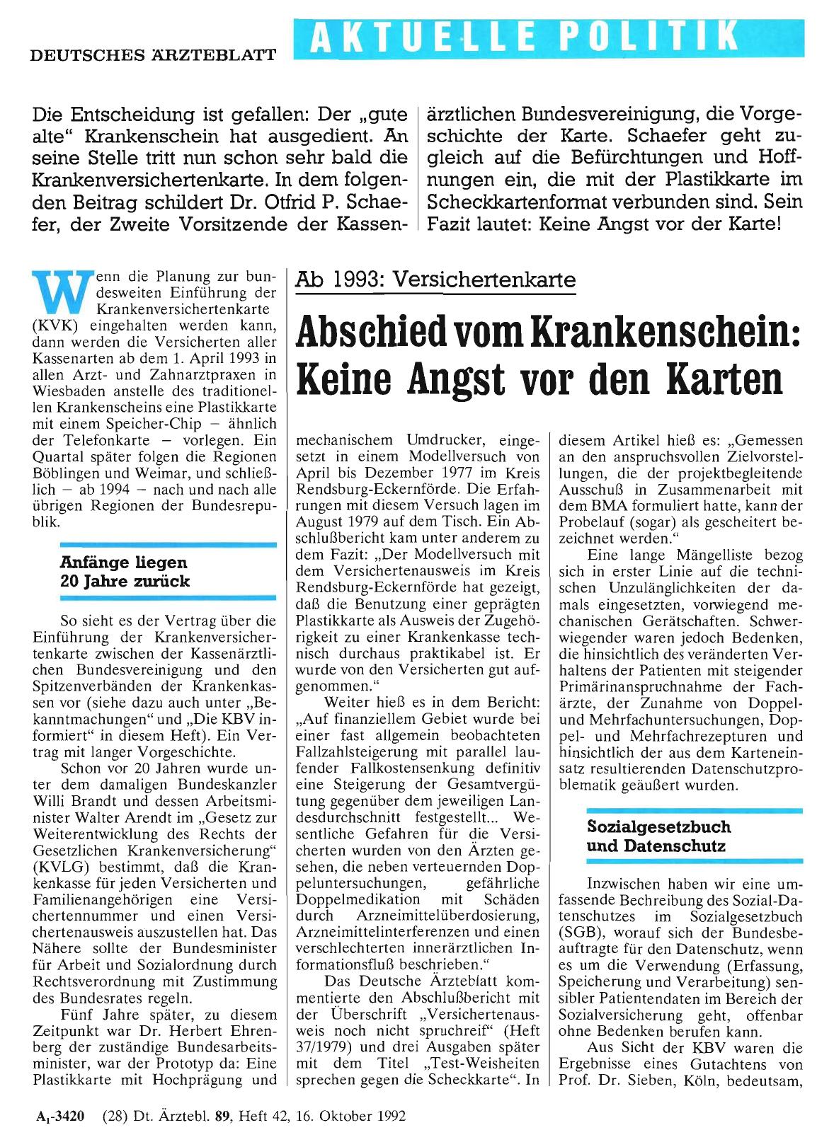 Vorschauseite 1: Ab 1993: Versichertenkarte Abschied vom Krankenschein: Keine Angst vor den Karten