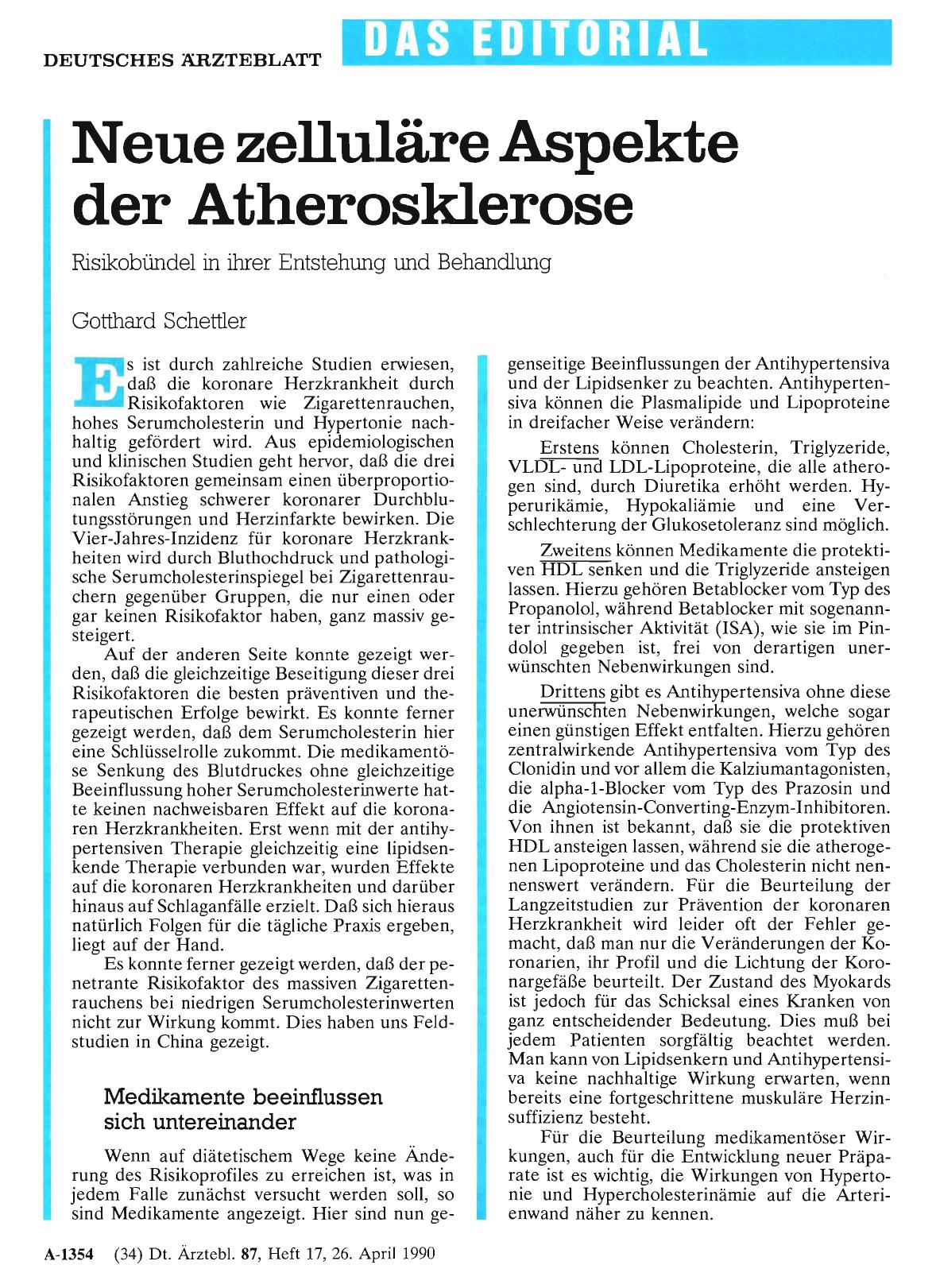 Vorschauseite 1: Neue zelluläre Aspekte der Atherosklerose: Risikobündel in ihrer Entstehung und Behandlung