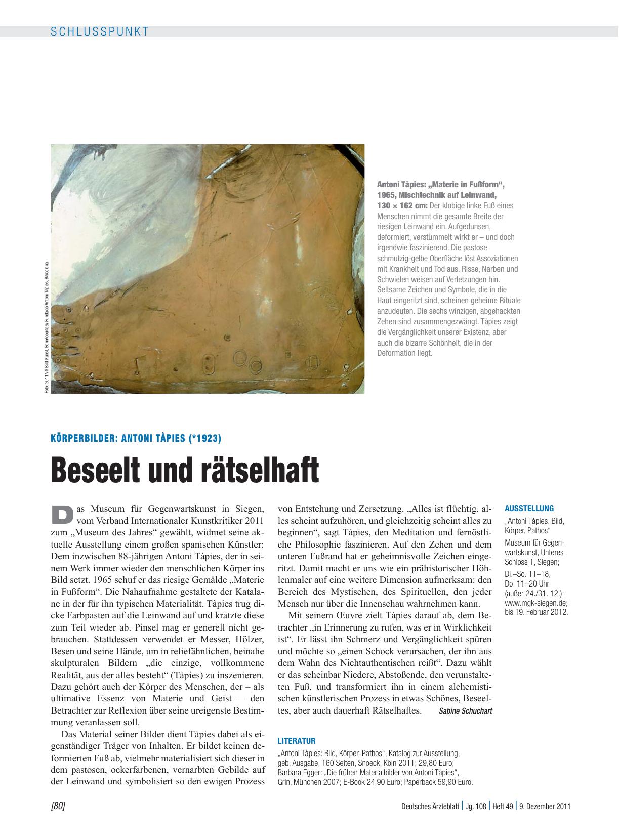 Vorschauseite 1: Körperbilder: Antoni Tàpies (*1923) – Beseelt und rätselhaft