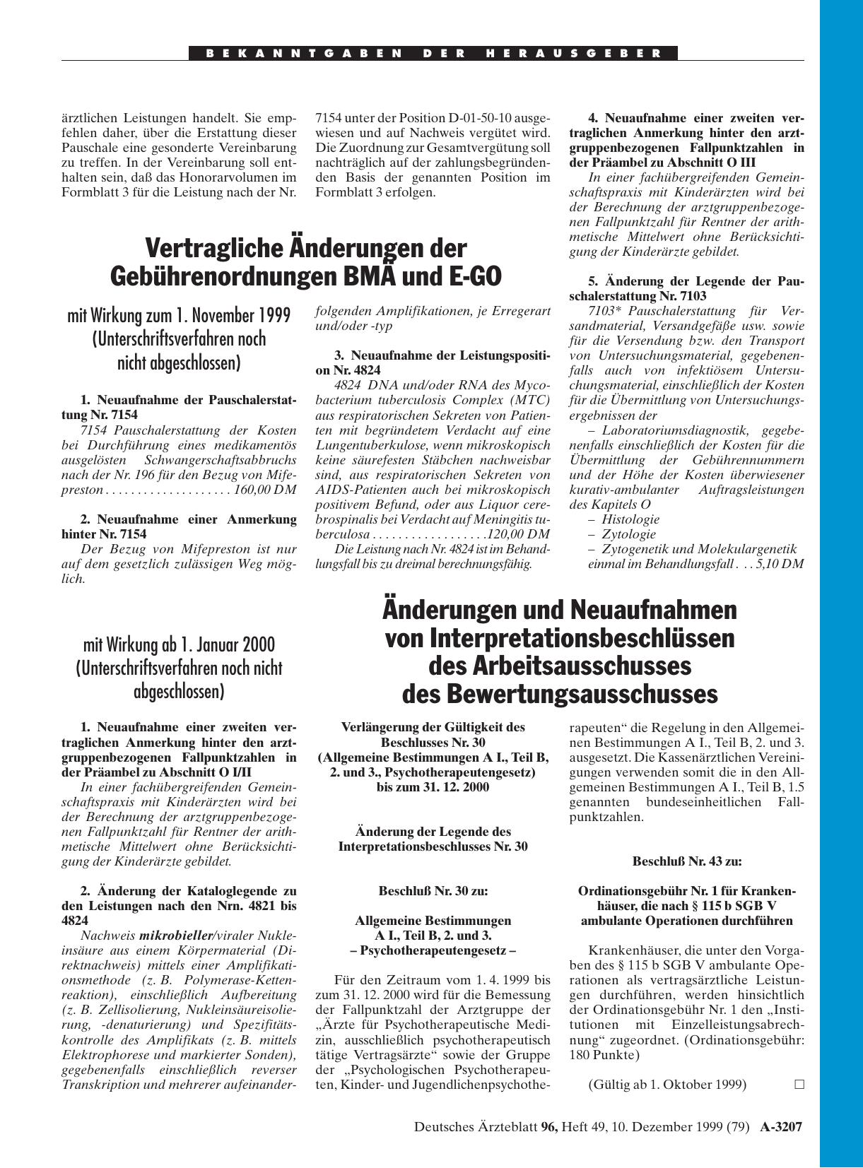 Vorschauseite 1: Änderungen und Neuaufnahmen von Interpretationsbeschlüssen des Arbeitsausschusses des Bewertungsausschusses
