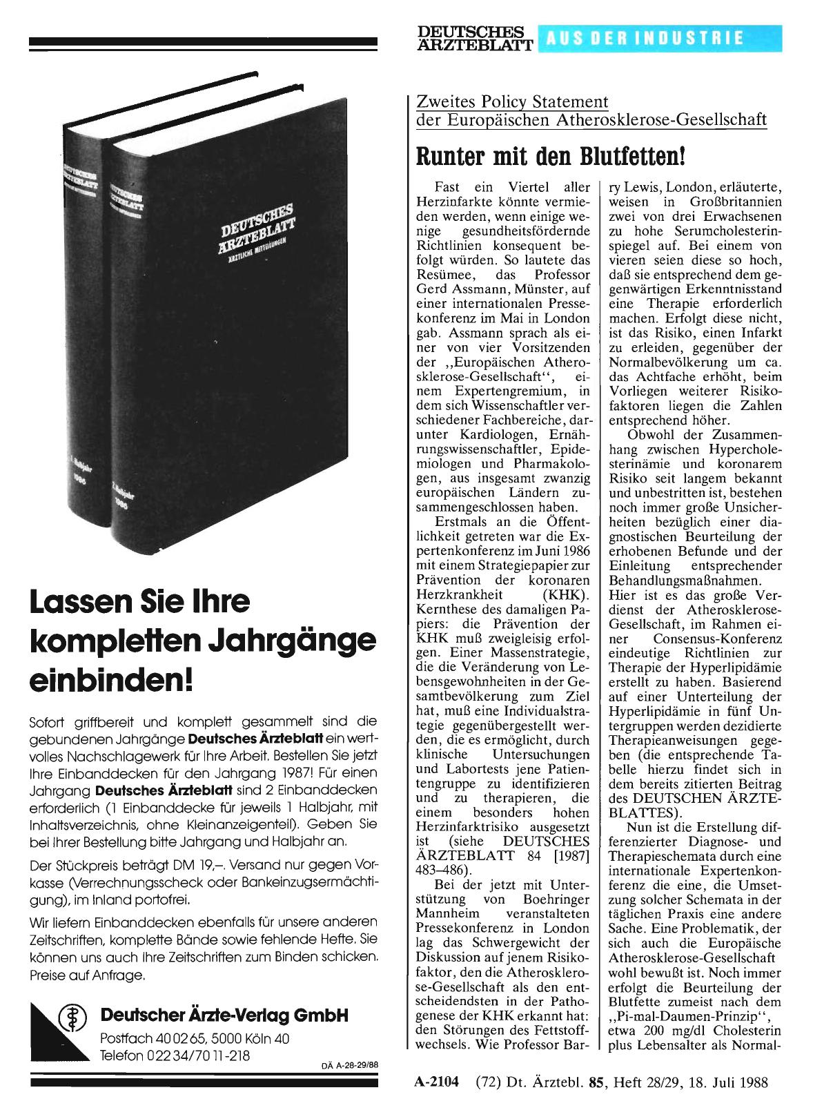 Vorschauseite 1: Zweites Policy Statement der Europäischen Atherosklerose-Gesellschaft: Runter mit den Blutfetten!