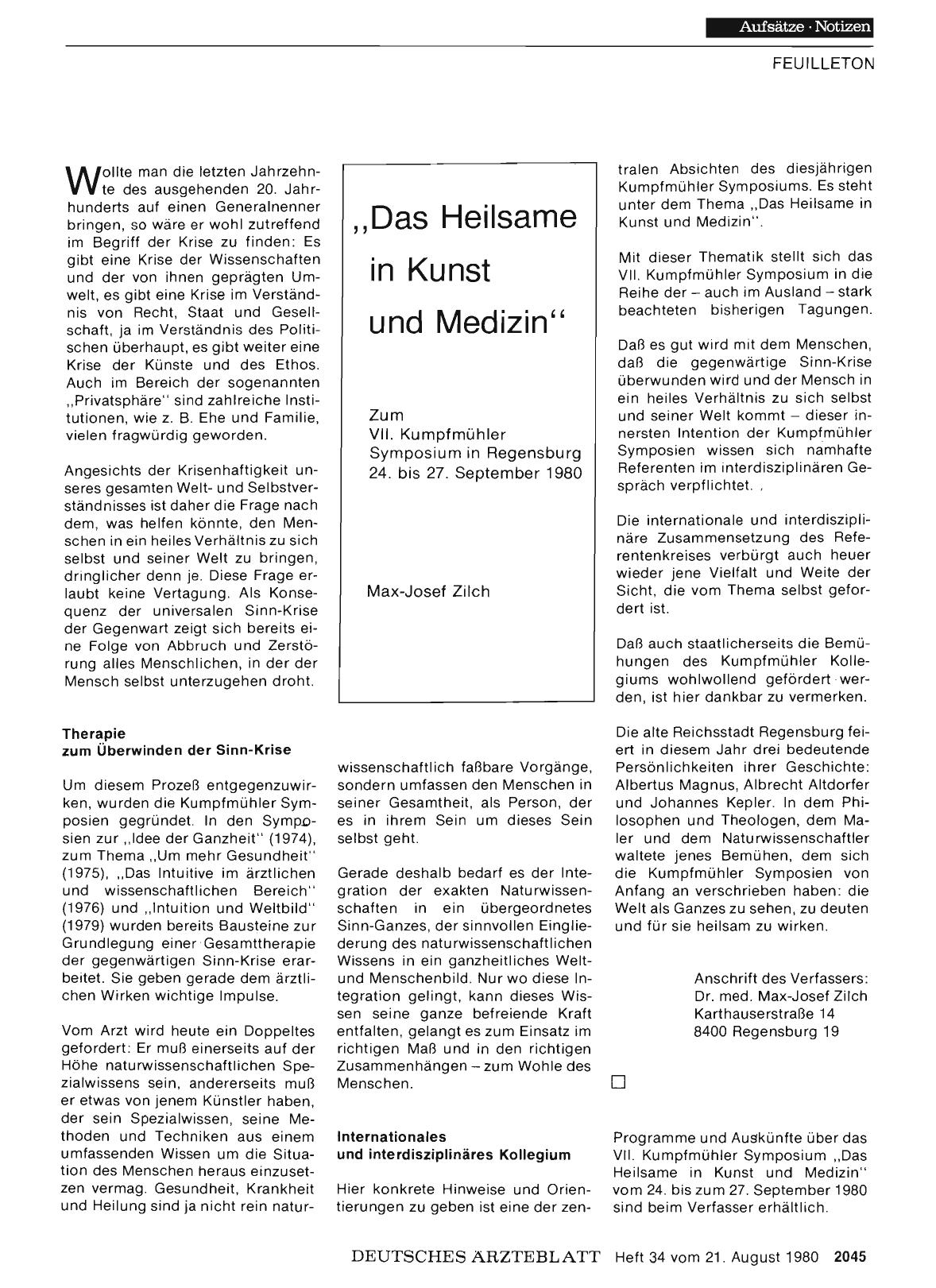 Vorschauseite 1: „Das Heilsame in Kunst und Medizin” Zum VII. Kumpfmühler Symposium in Regensburg 24. bis 27. September 1980