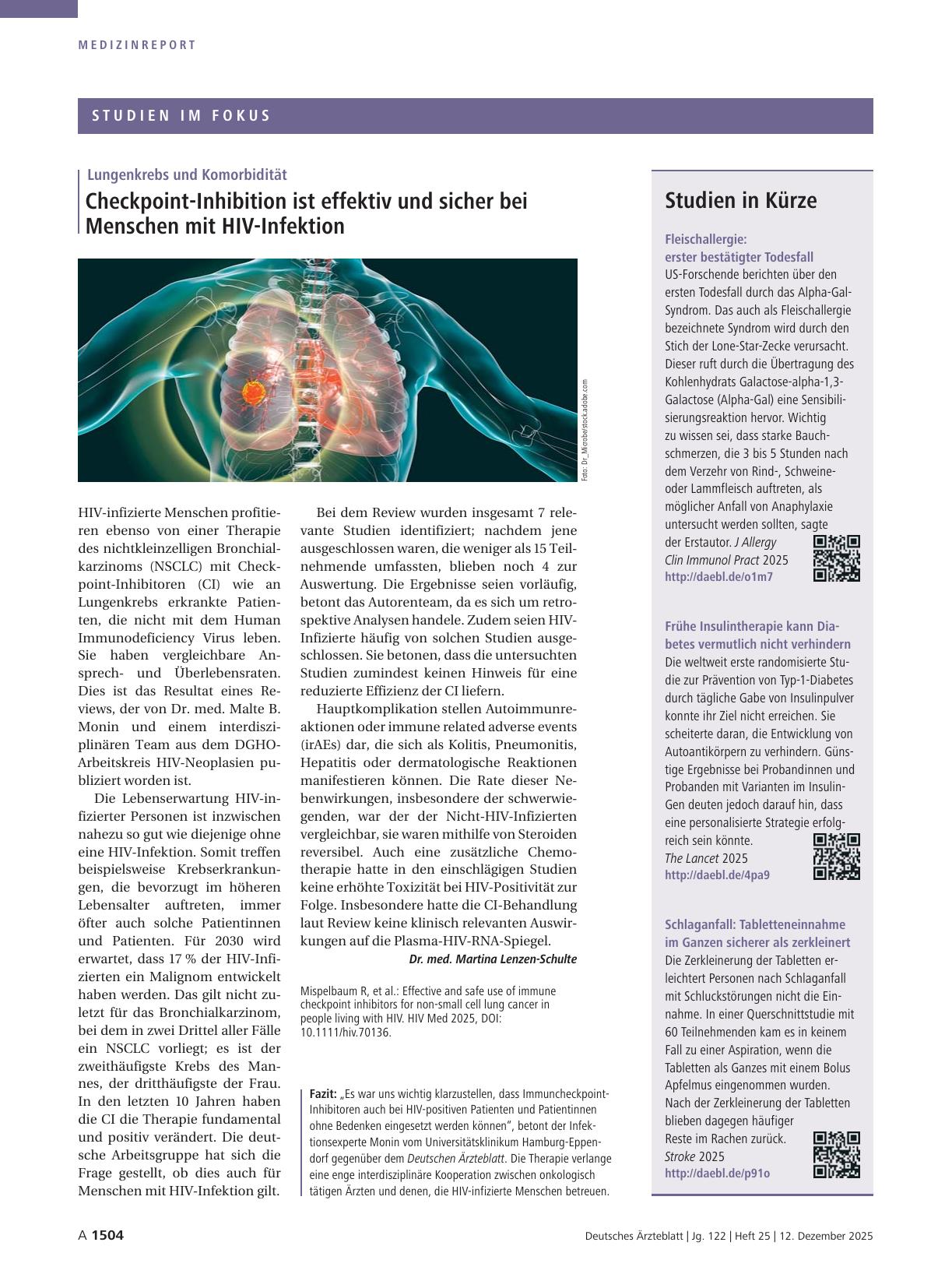 Vorschauseite 1: Lungenkrebs und Komorbidität: Checkpoint-Inhibition ist effektiv und sicher bei Menschen mit HIV-Infektion