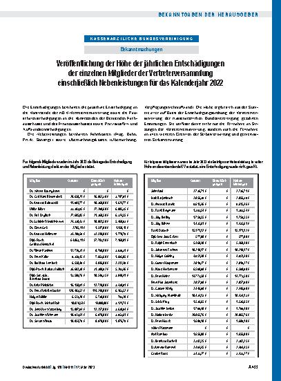 Vorschauseite 1: Veröffentlichung der Höhe der jährlichen Entschädigungen der einzelnen Mitglieder der Vertreterversammlung einschließlich Nebenleistungen für das Kalenderjahr 2022.