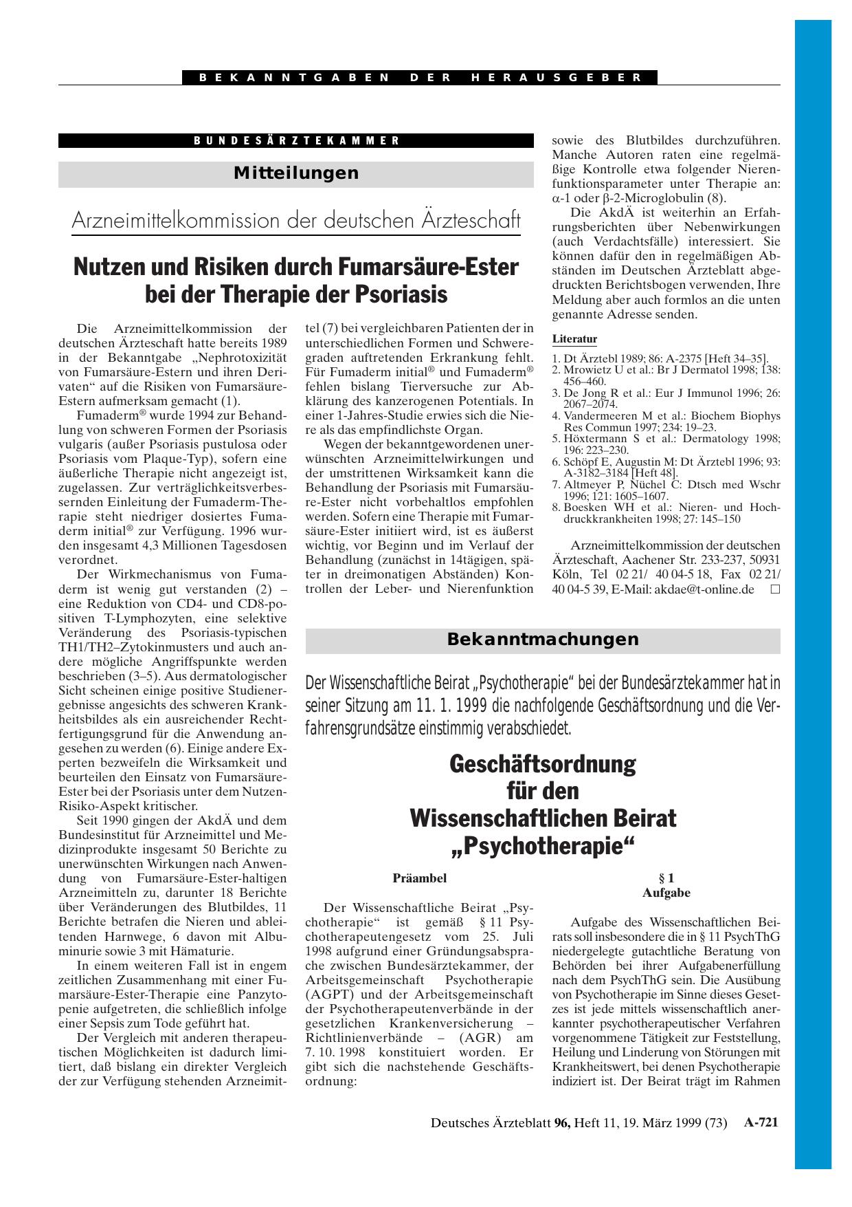 Vorschauseite 1: Arzneimittelkommission der deutschen Ärzteschaft: Nutzen und Risiken durch Fumarsäure-Ester bei der Therapie der Psoriasis