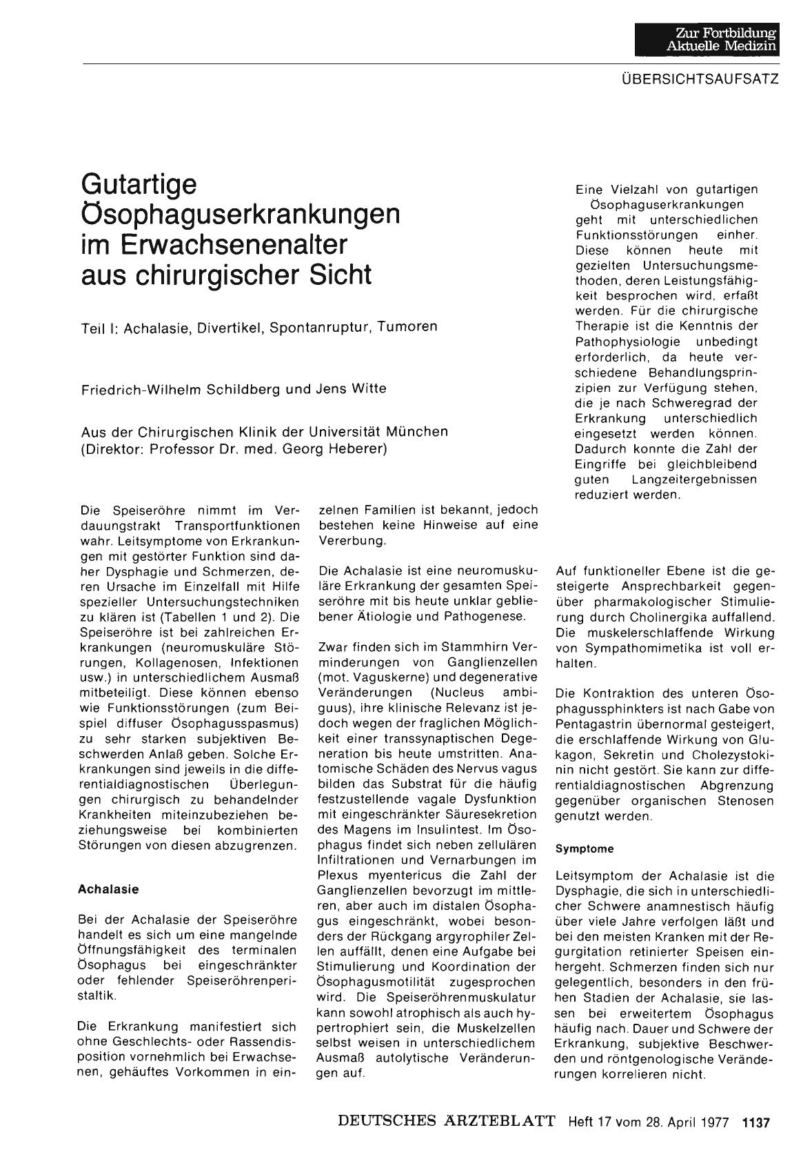 Vorschauseite 1: Gutartige Osophaguserkrankungen im Erwachsenenalter aus chirurgischer Sicht - Teil I: Achalasie, Divertikel, Spontanruptur, Tumoren