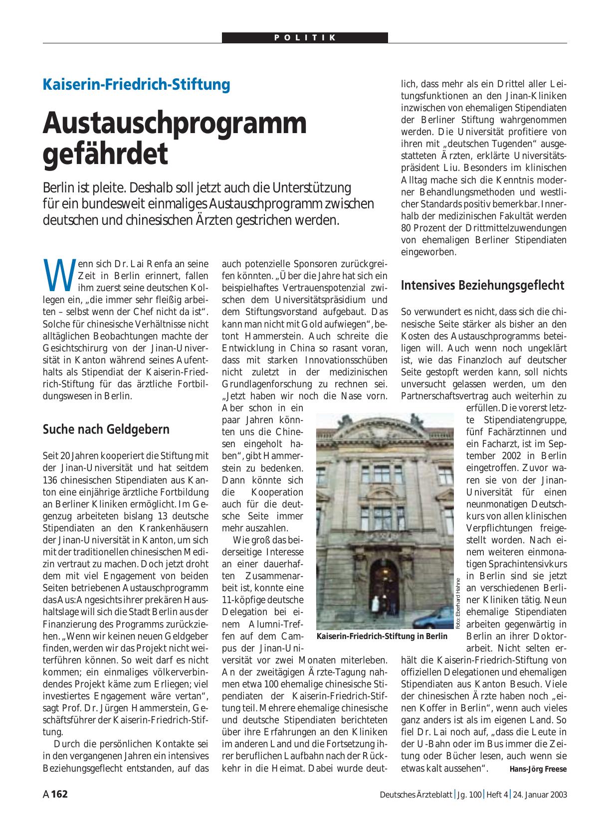 Vorschauseite 1: Kaiserin-Friedrich-Stiftung: Austauschprogramm gefährdet