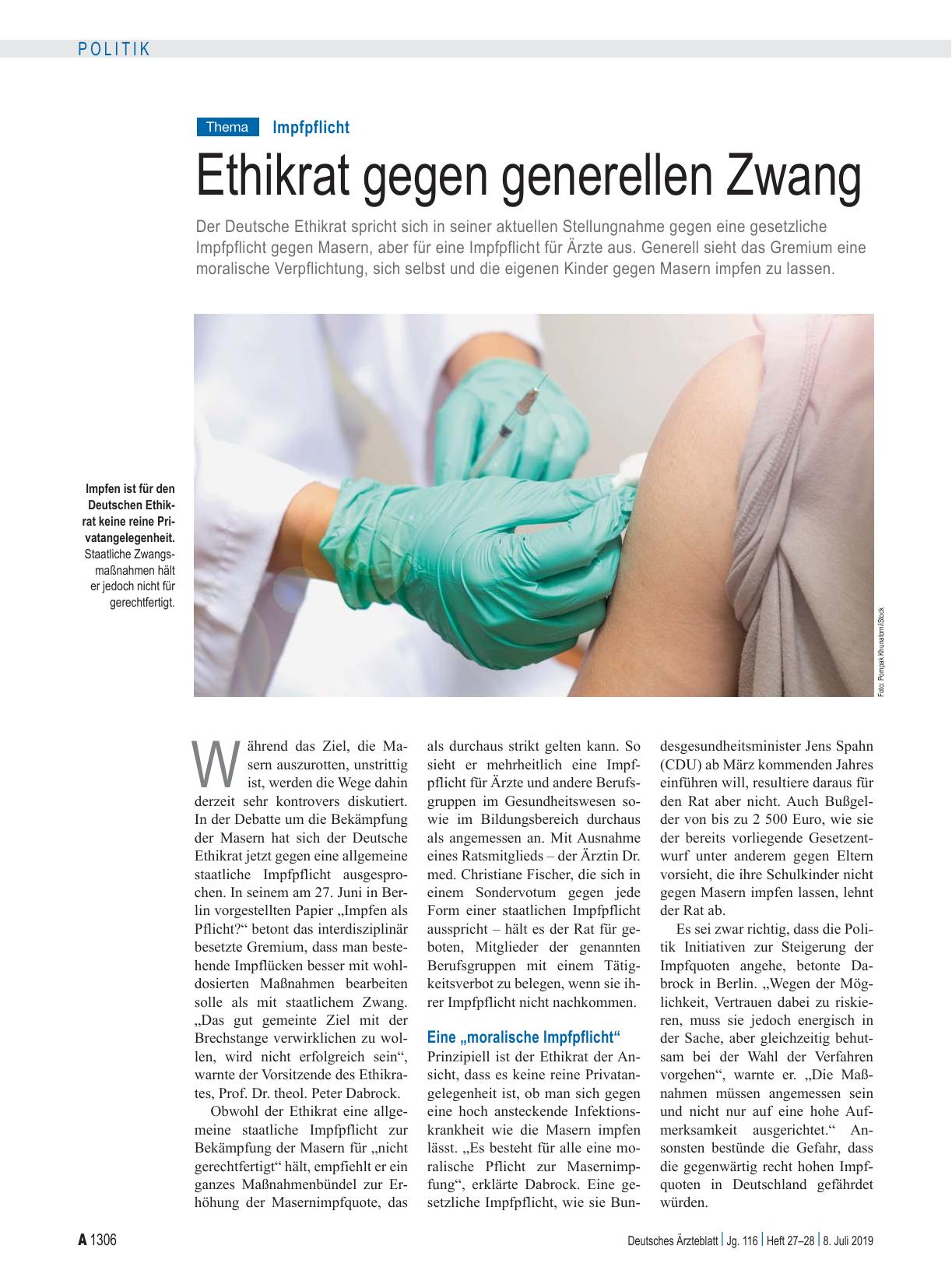 Vorschauseite 1: Impfpflicht: Ethikrat gegen generellen Zwang