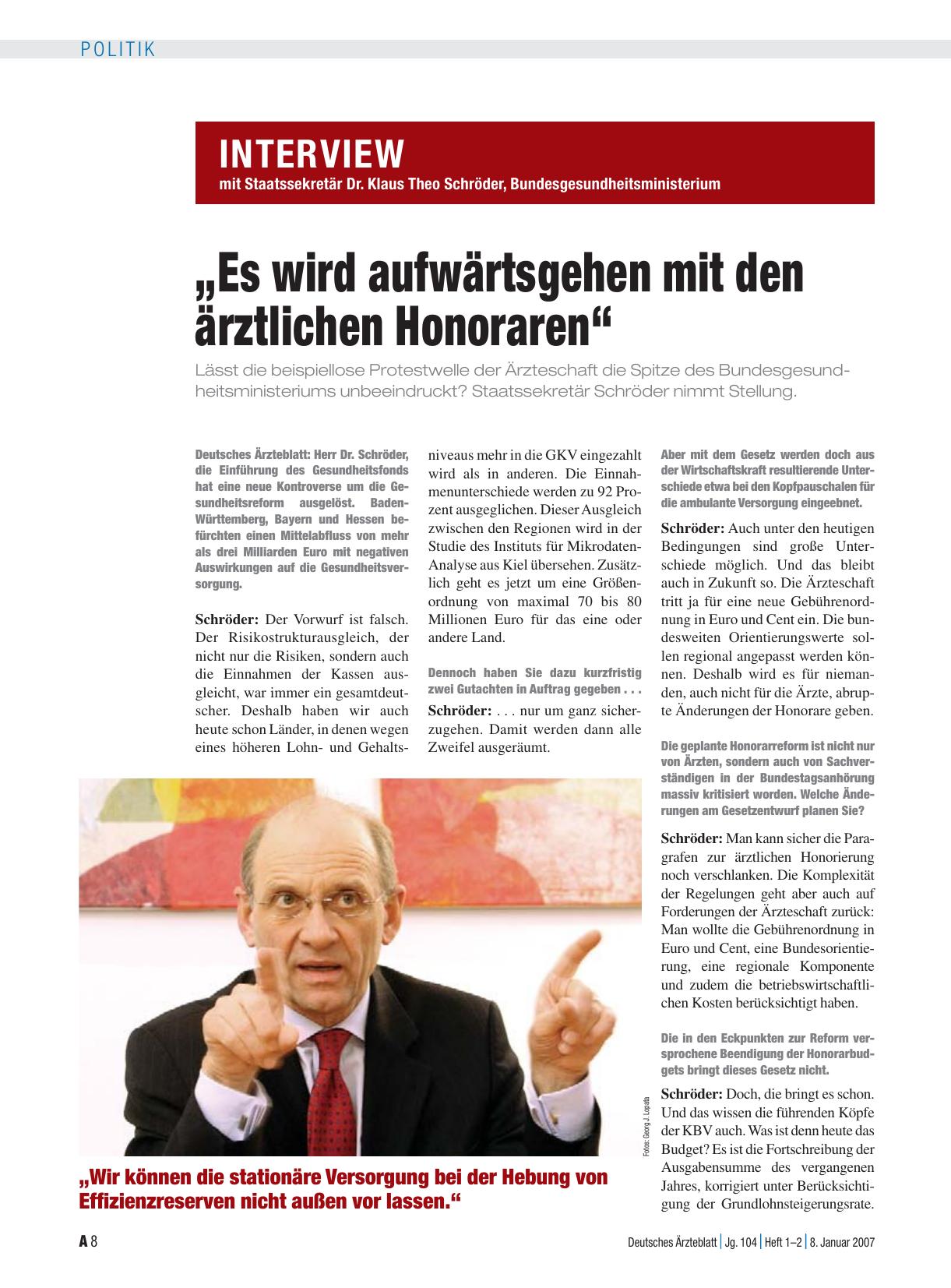 Vorschauseite 1: Interview mit Staatssekretär Dr. Klaus Theo Schröder, Bundesgesundheitsministerium: „Es wird aufwärtsgehen mit den ärztlichen Honoraren“