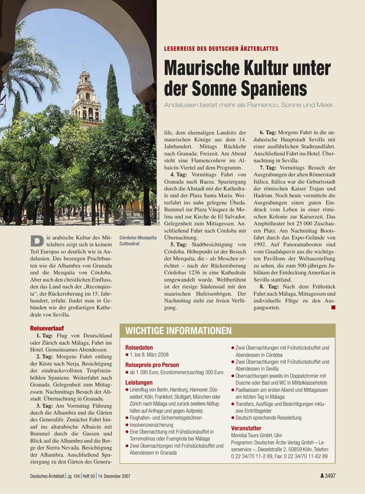 Vorschauseite 1: Leserreise des Deutschen Ärzteblattes: Maurische Kultur unter der Sonne Spaniens