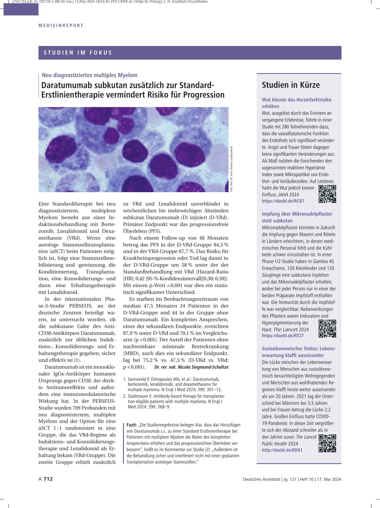 Vorschauseite 1: Neu diagnostiziertes multiples Myelom: Daratumumab subkutan zusätzlich zur Standard-Erstlinientherapie vermindert Risiko für Progression.