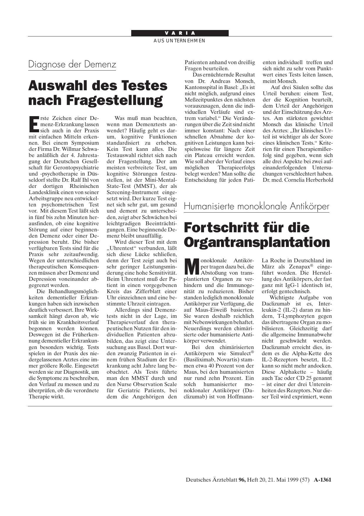 Vorschauseite 1: Humanisierte monoklonale Antikörper: Fortschritt für die Organtransplantation
