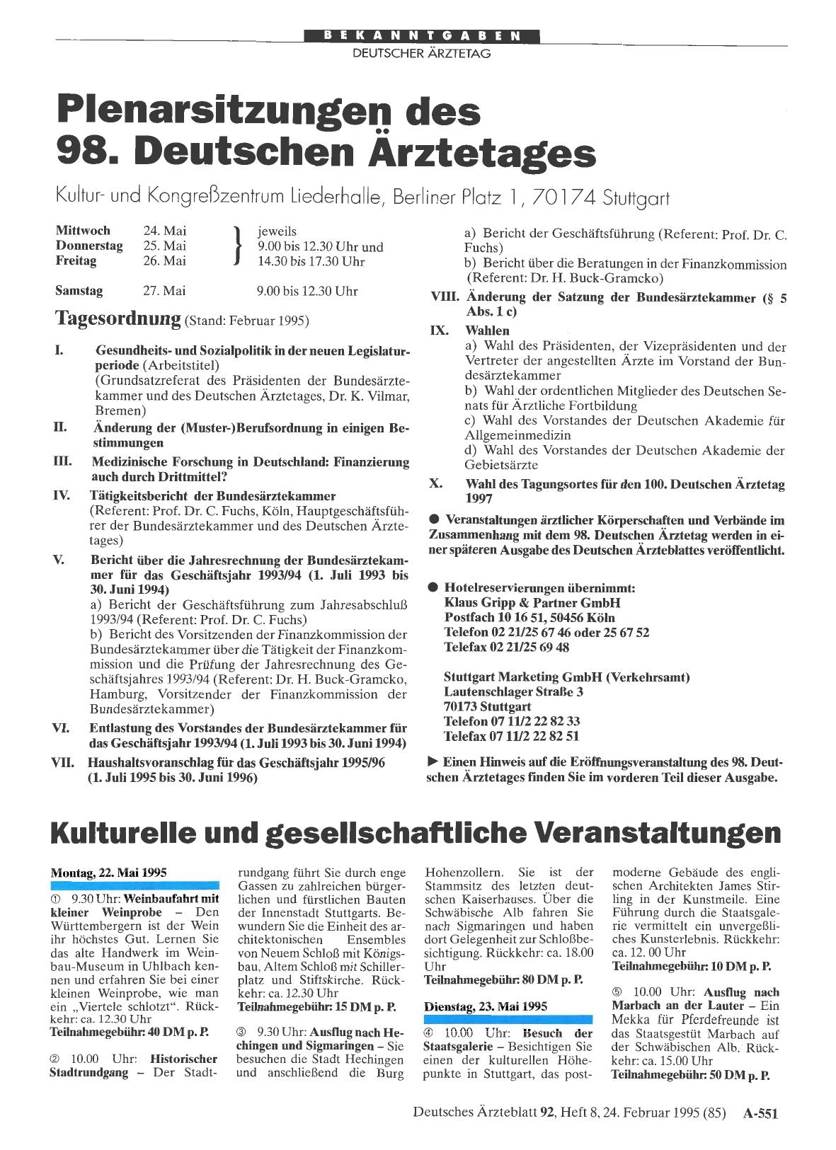 Vorschauseite 1: Plenarsitzungeg des 98. Deutschen Arztetages