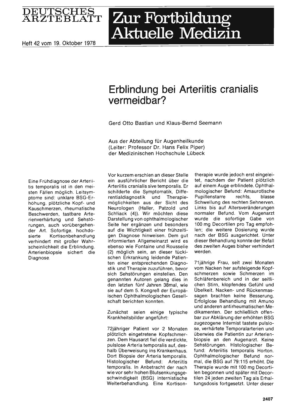 Vorschauseite 1: Erblindung bei Arteriitis cranialis vermeidbar?