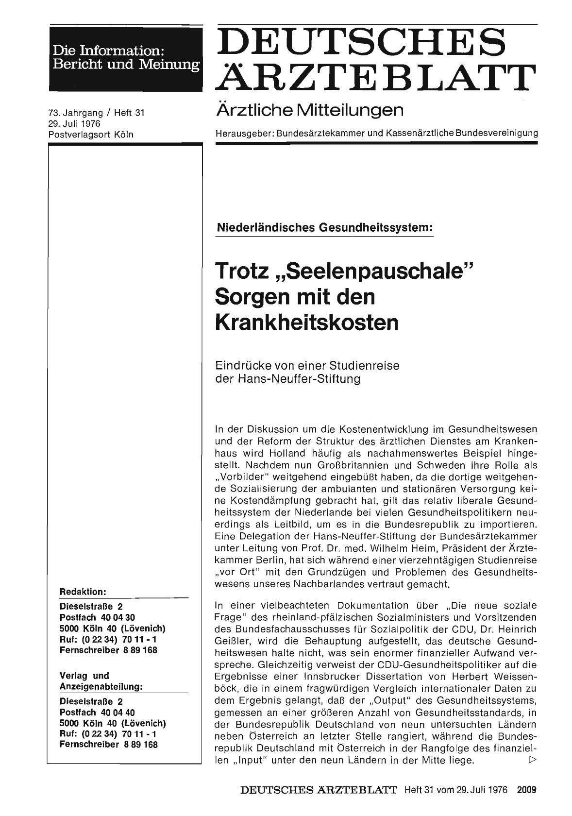 Vorschauseite 1: Niederländisches Gesundheitssystem: Trotz „Seelenpauschale“ Sorgen mit den Krankheitskosten (Teil 1)
