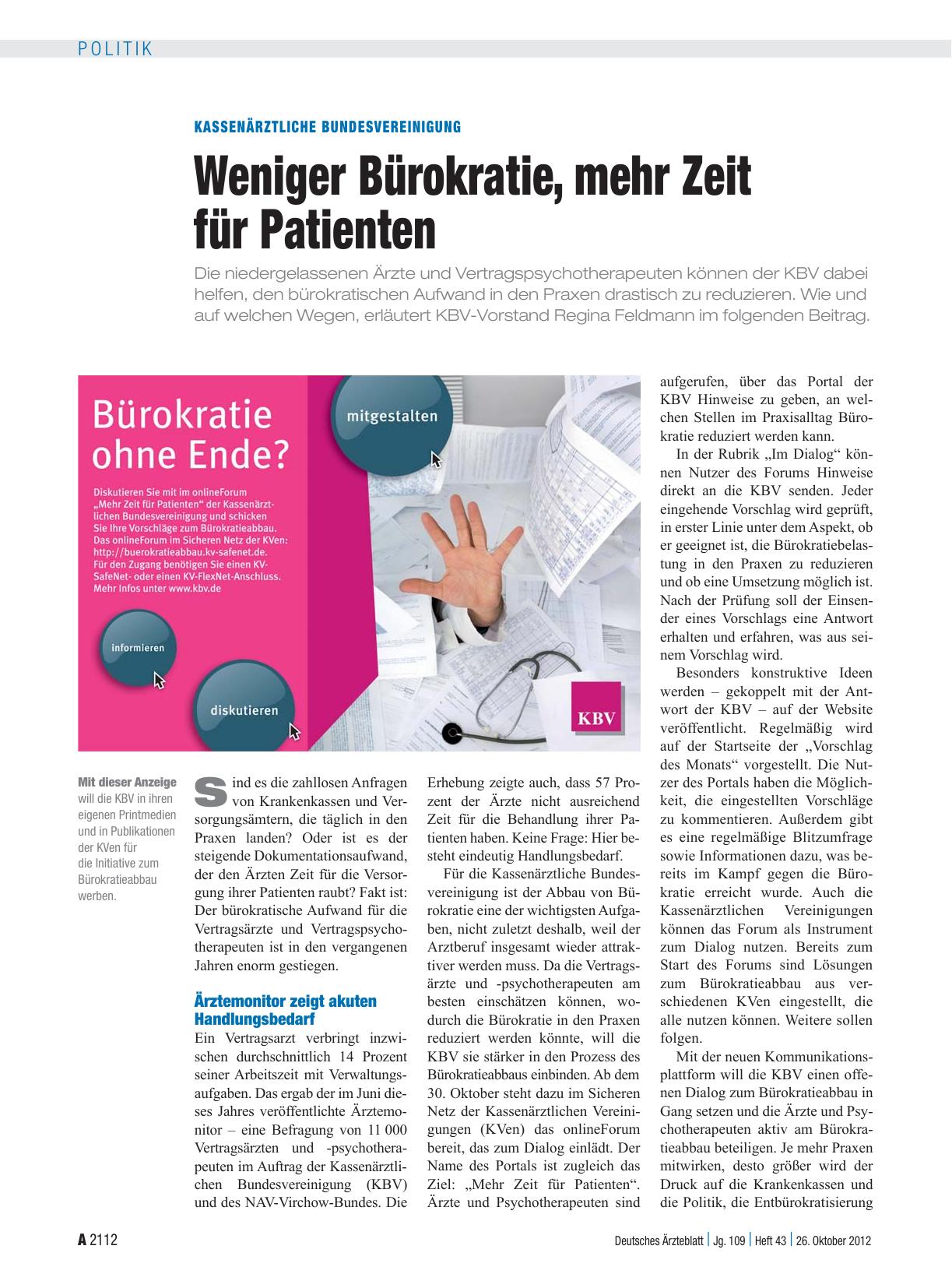 Vorschauseite 1: Kassenärztliche Bundesvereinigung: Weniger Bürokratie, mehr Zeit für Patienten