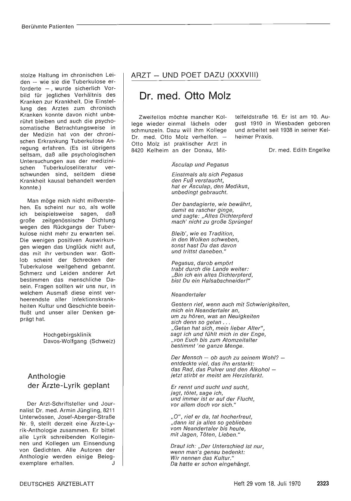 Vorschauseite 1: Arzt — und Poet dazu (XXXVIII): Dr. med. Otto Molz