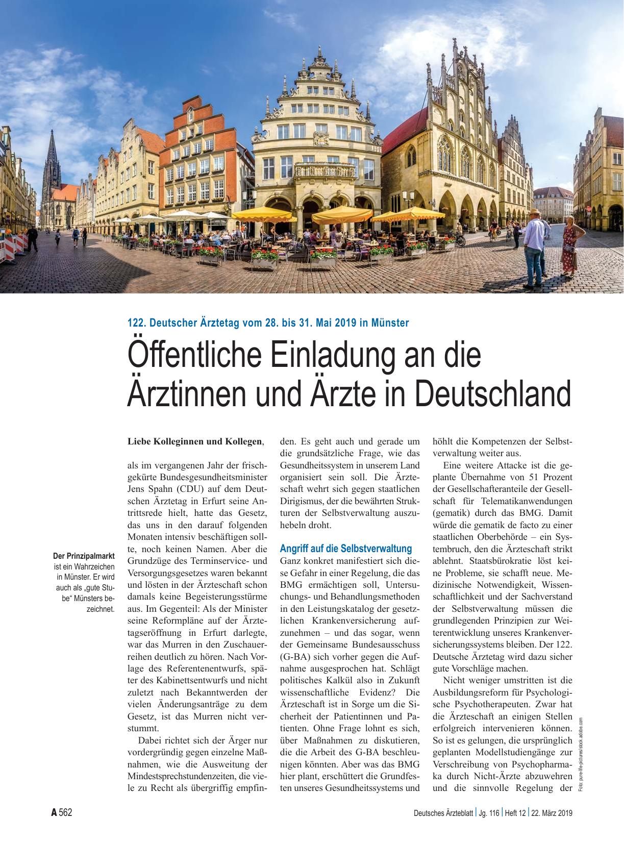 Vorschauseite 1: 122. Deutscher Ärztetag vom 28. bis 31. Mai 2019 in Münster: Öffentliche Einladung an die Ärztinnen und Ärzte in Deutschland