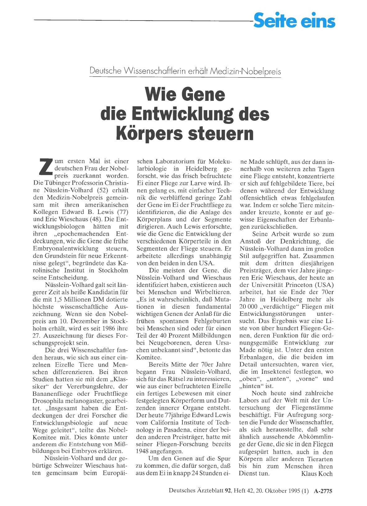 Vorschauseite 1: Deutsche Wissenschaftlerin erhält Medizin-Nobelpreis: Wie Gene die Entwicklung des Körpers steuern