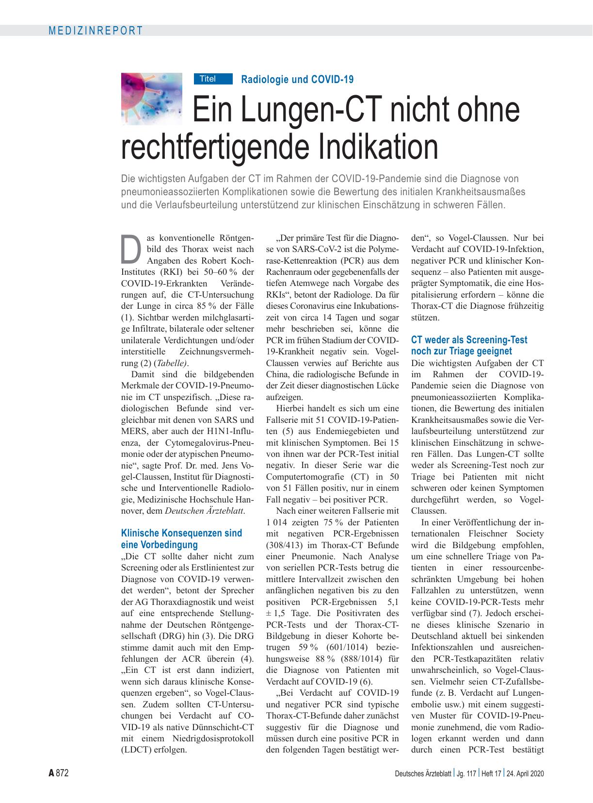 Vorschauseite 1: Radiologie und COVID-19: Ein Lungen-CT nicht ohne rechtfertigende Indikation