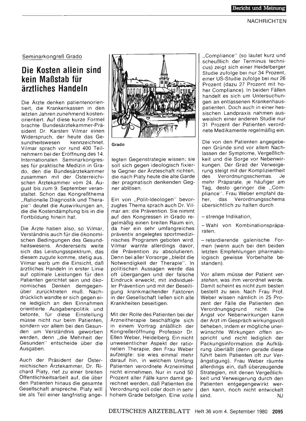 Vorschauseite 1: Seminarkongreß Grado: Die Kosten allein sind kein Maßstab für ärztliches Handeln