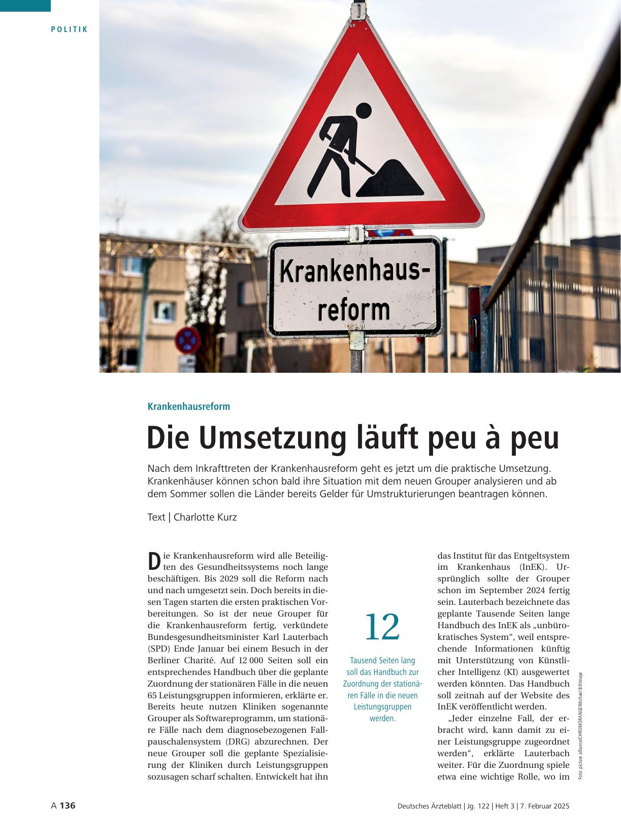 Vorschauseite 1: Krankenhausreform: Die Umsetzung läuft peu à peu.