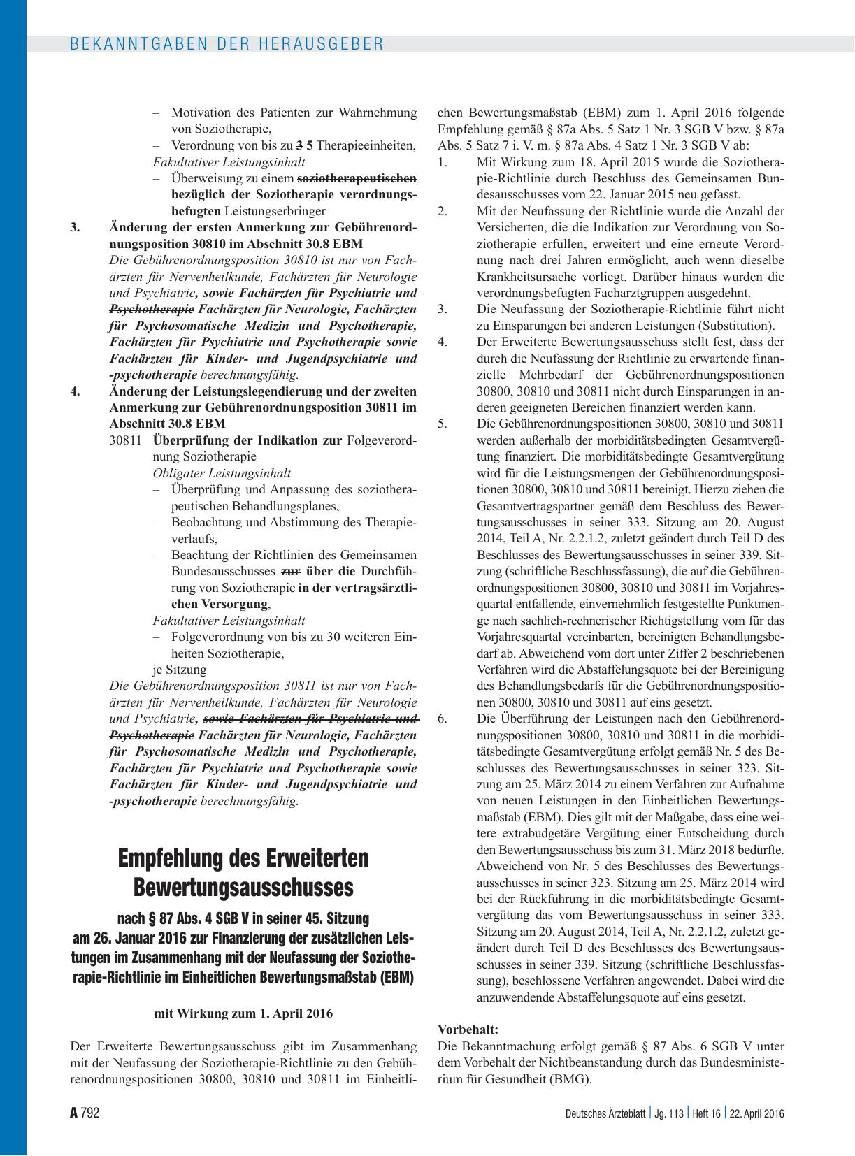 Vorschauseite 1: Empfehlung des Erweiterten Bewertungsausschusses nach § 87 Abs. 4 SGB V in seiner 45. Sitzung am 26. Januar 2016 zur Finanzierung der zusätzlichen Leistungen im Zusammenhang mit d…