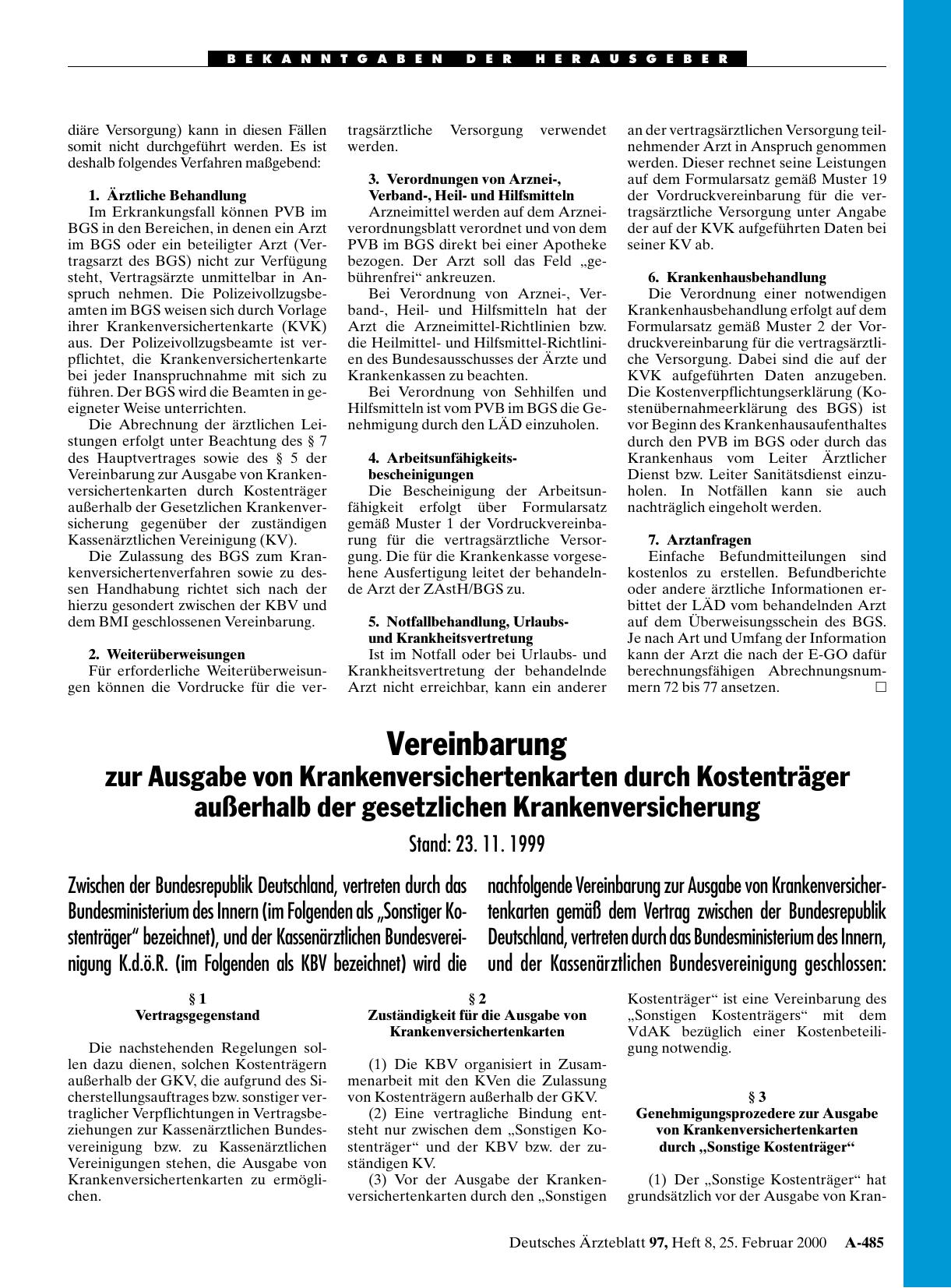 Vorschauseite 1: Vereinbarung zur Ausgabe von Krankenversichertenkarten durch Kostenträger außerhalb der gesetzlichen Krankenversicherung Stand: 23. 11. 1999