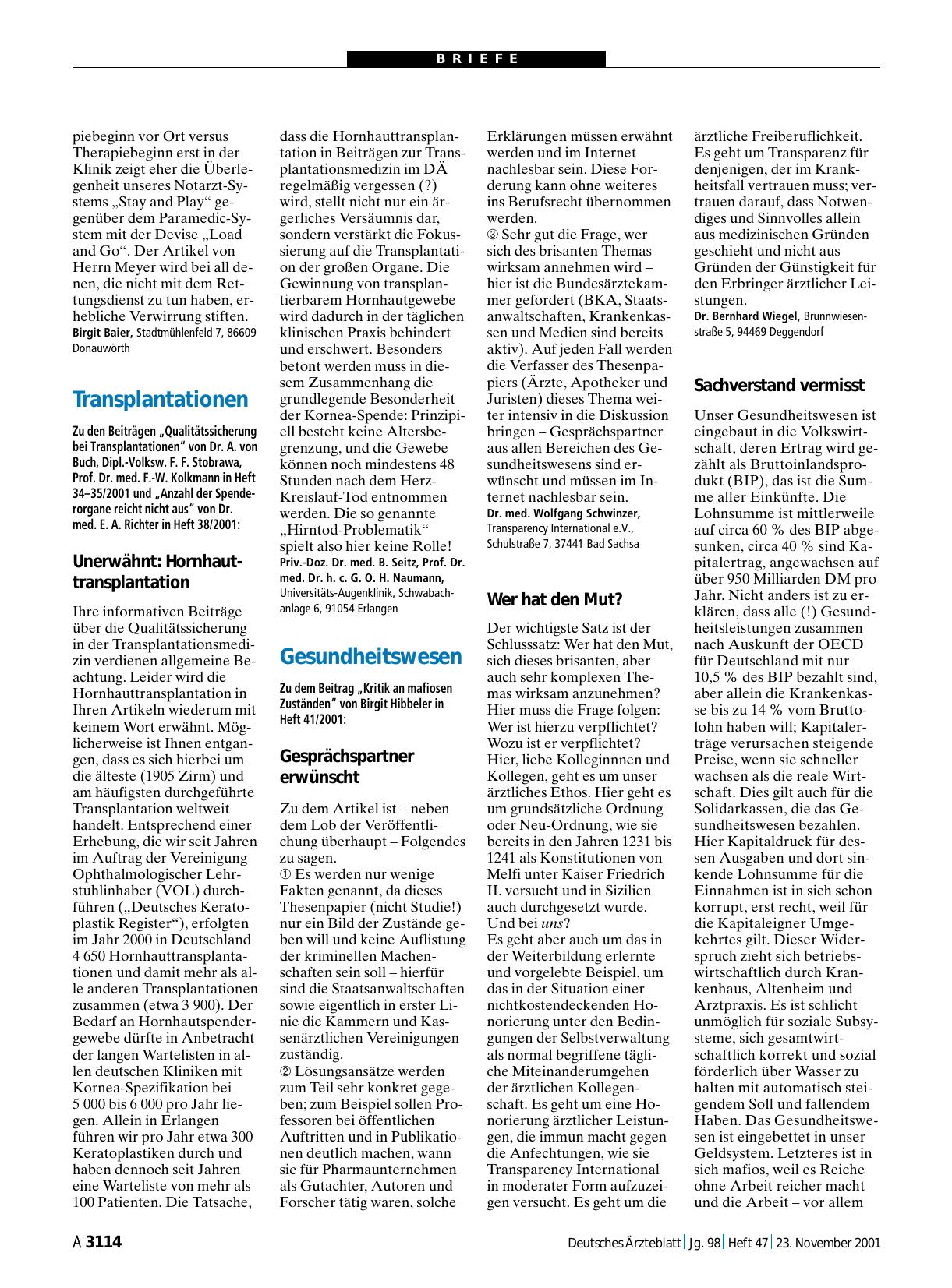 Vorschauseite 1: Transplantationen – Unerwähnt: Hornhauttransplantation