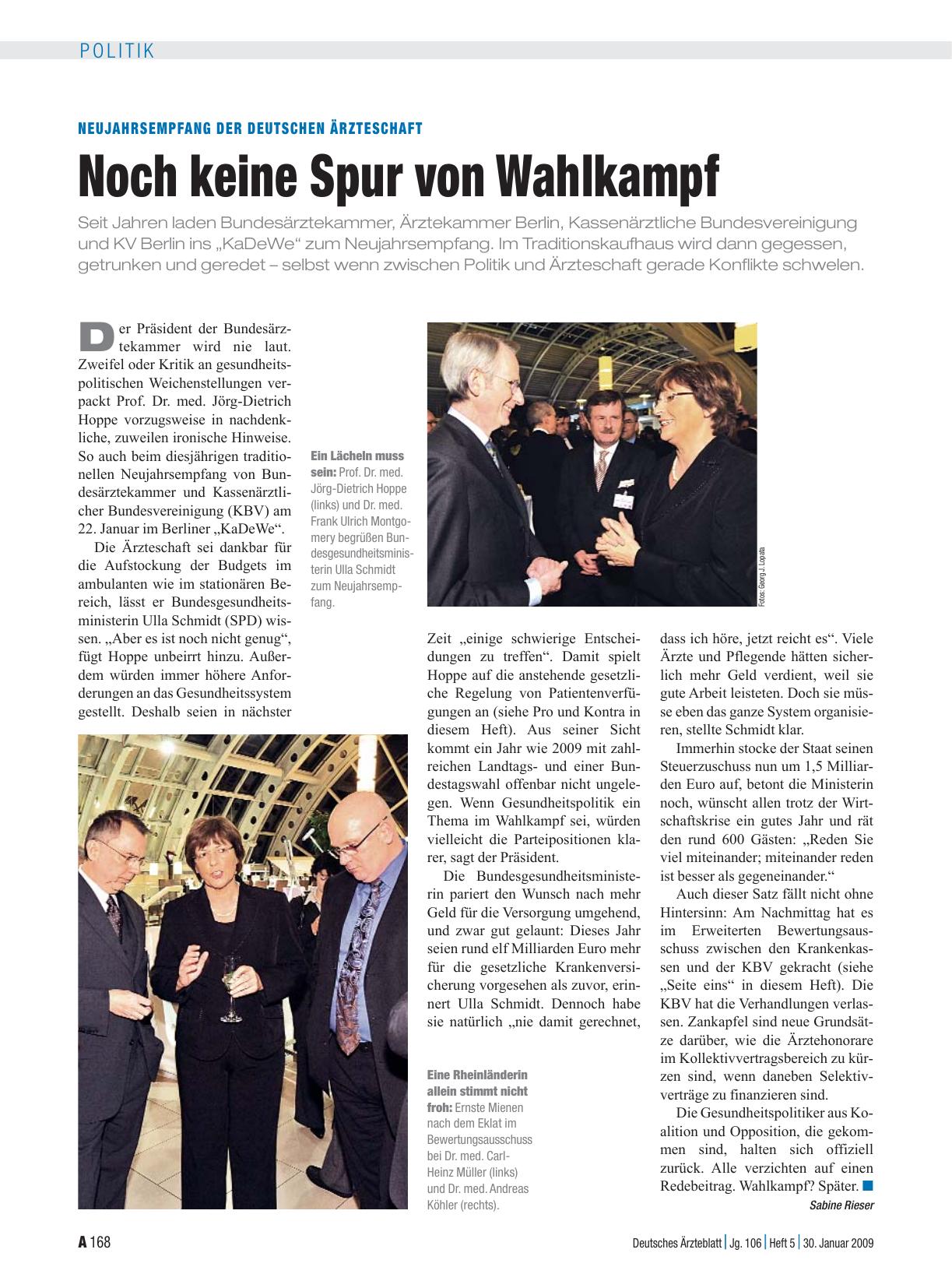 Vorschauseite 1: Neujahrsempfang der deutschen Ärzteschaft: Noch keine Spur von Wahlkampf