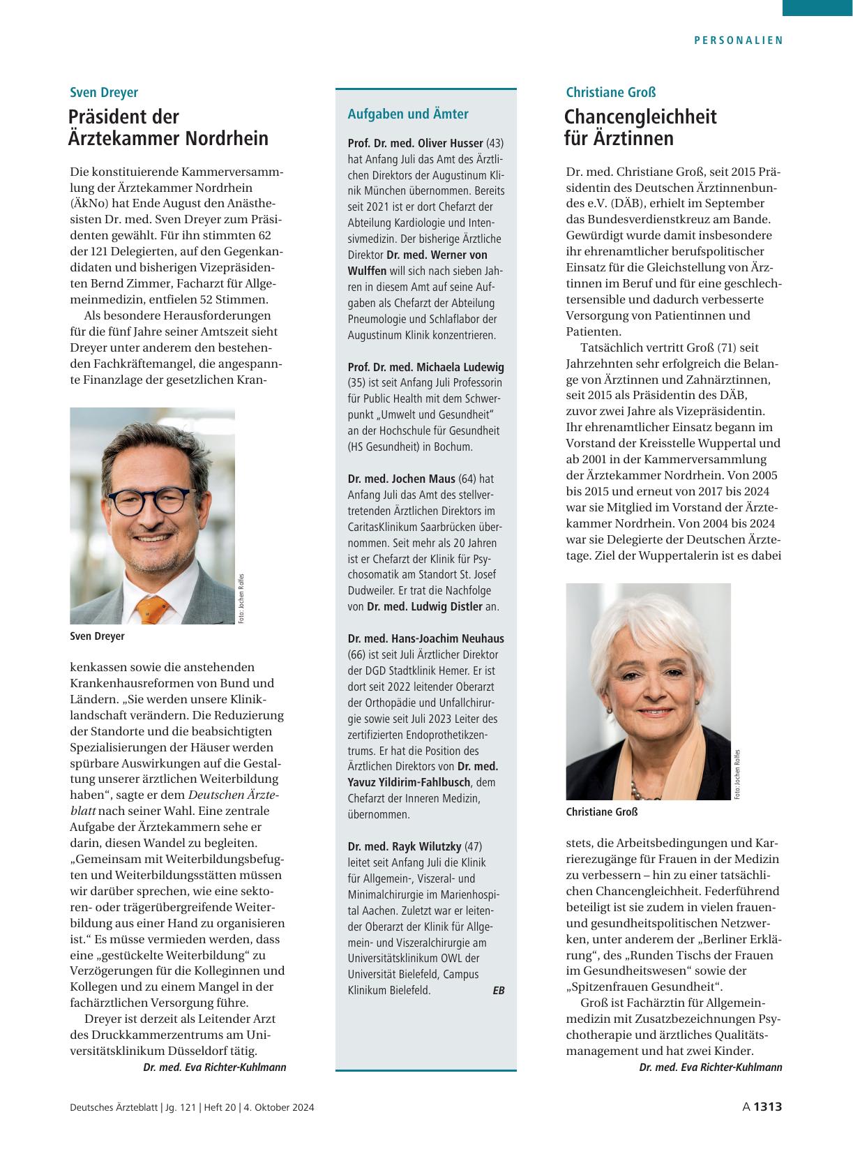 Vorschauseite 1: Sven Dreyer: Präsident der Ärztekammer Nordrhein The text is already correct.