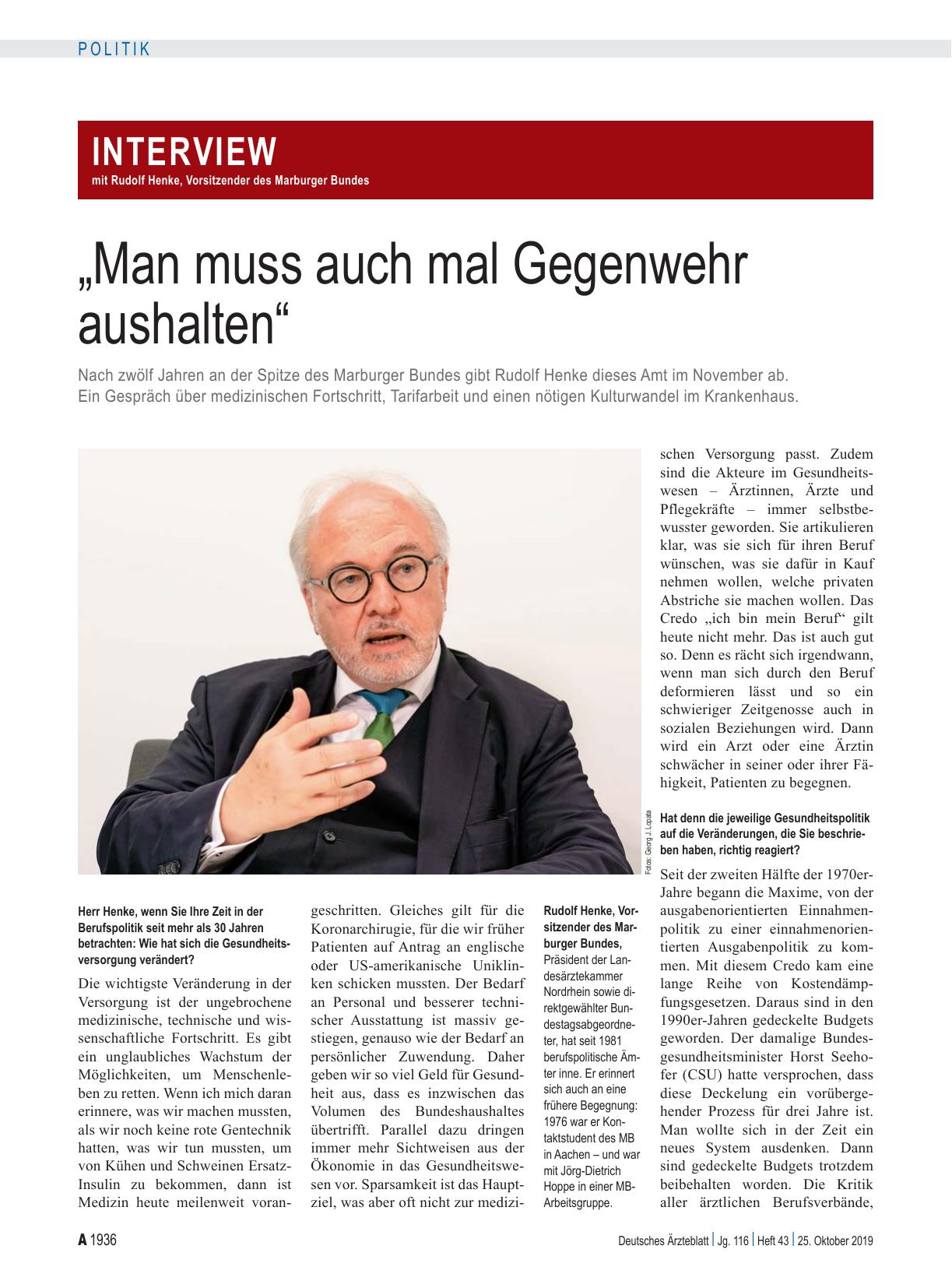 Vorschauseite 1: Interview mit Rudolf Henke, Vorsitzender des Marburger Bundes: „Man muss auch mal Gegenwehr aushalten“
