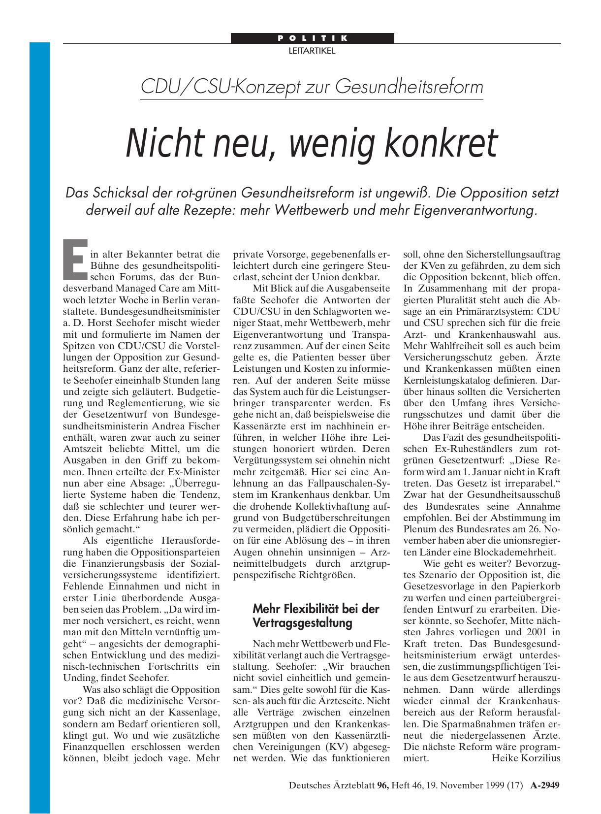 Vorschauseite 1: CDU/CSU-Konzept zur Gesundheitsreform: Nicht neu, wenig konkret
