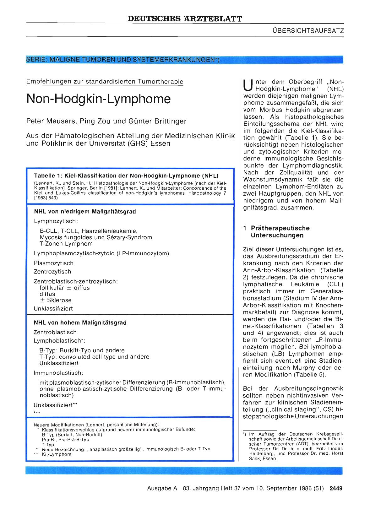 Vorschauseite 1: Empfehlungen zur standardisierten Tumortherapie: Non-Hodgkin-Lymphome