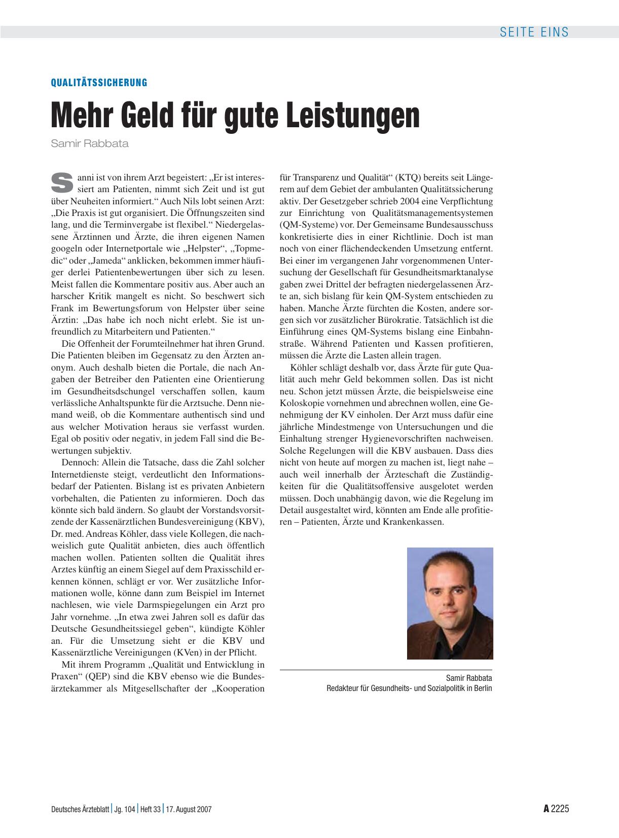 Vorschauseite 1: Qualitätssicherung: Mehr Geld für gute Leistungen