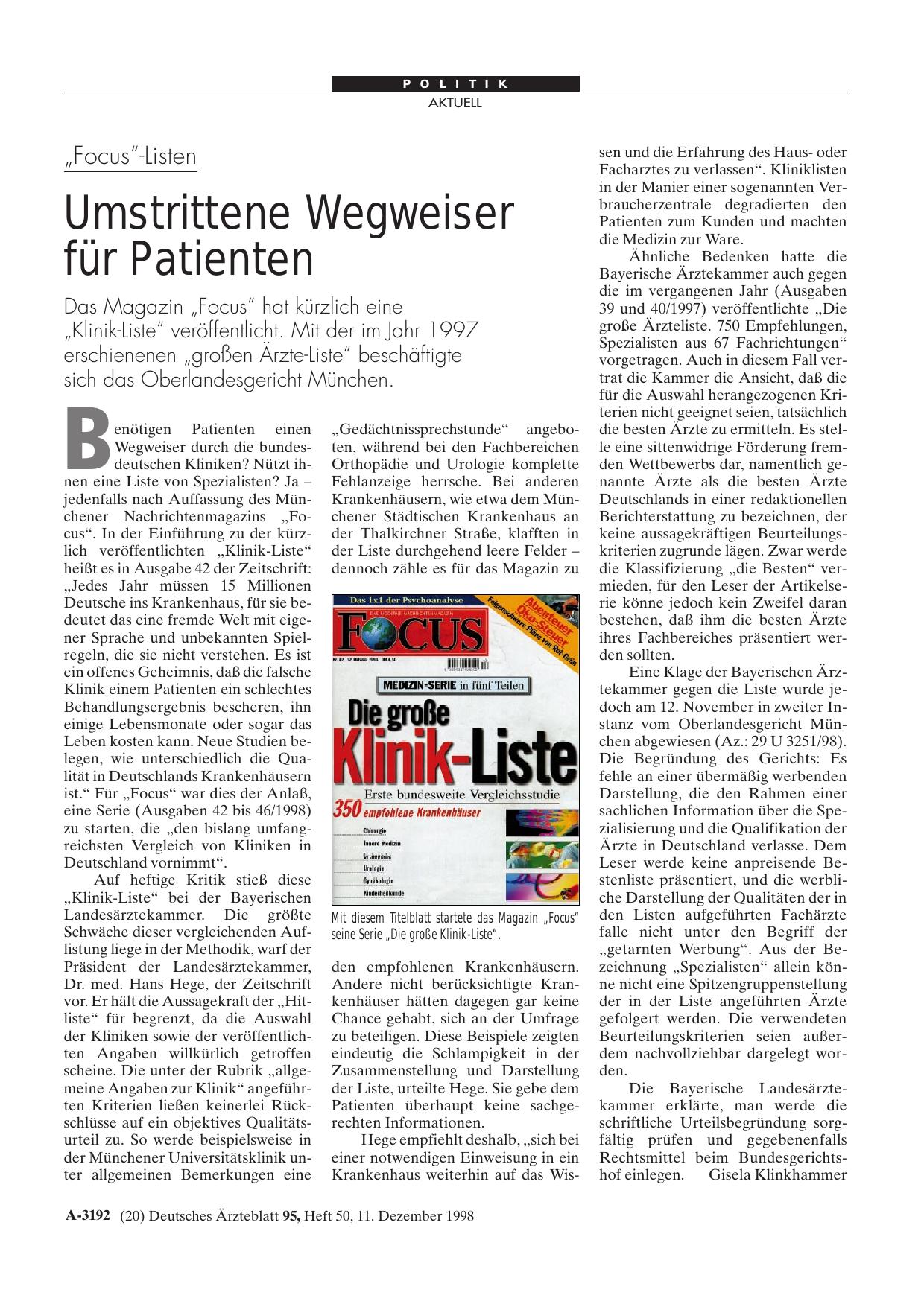 Vorschauseite 1: „Focus„-Listen: Umstrittene Wegweiser für Patienten
