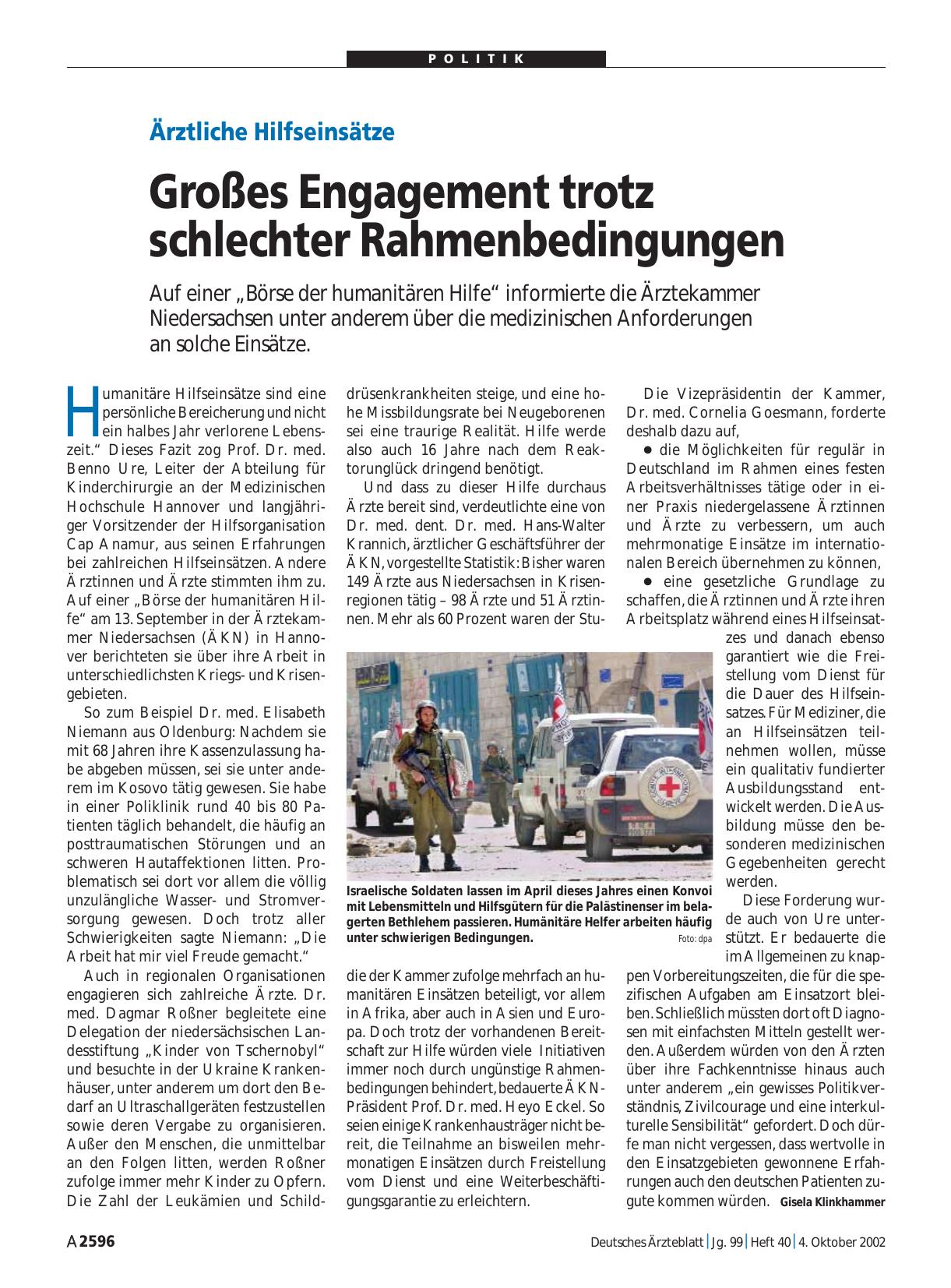 Vorschauseite 1: Ärztliche Hilfseinsätze: Großes Engagement trotz schlechter Rahmenbedingungen