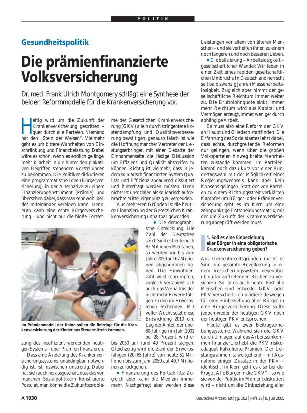 Vorschauseite 1: Gesundheitspolitik: Die prämienfinanzierte Volksversicherung