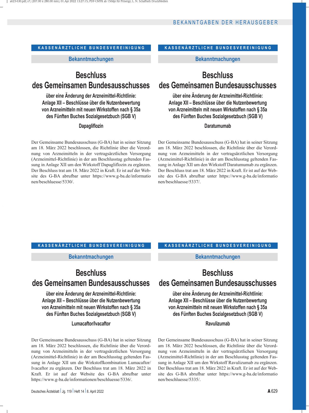 Vorschauseite 1: Beschluss des Gemeinsamen Bundesausschusses über eine Änderung der Arzneimittel-Richtlinie: Lumacaftor/Ivacaftor