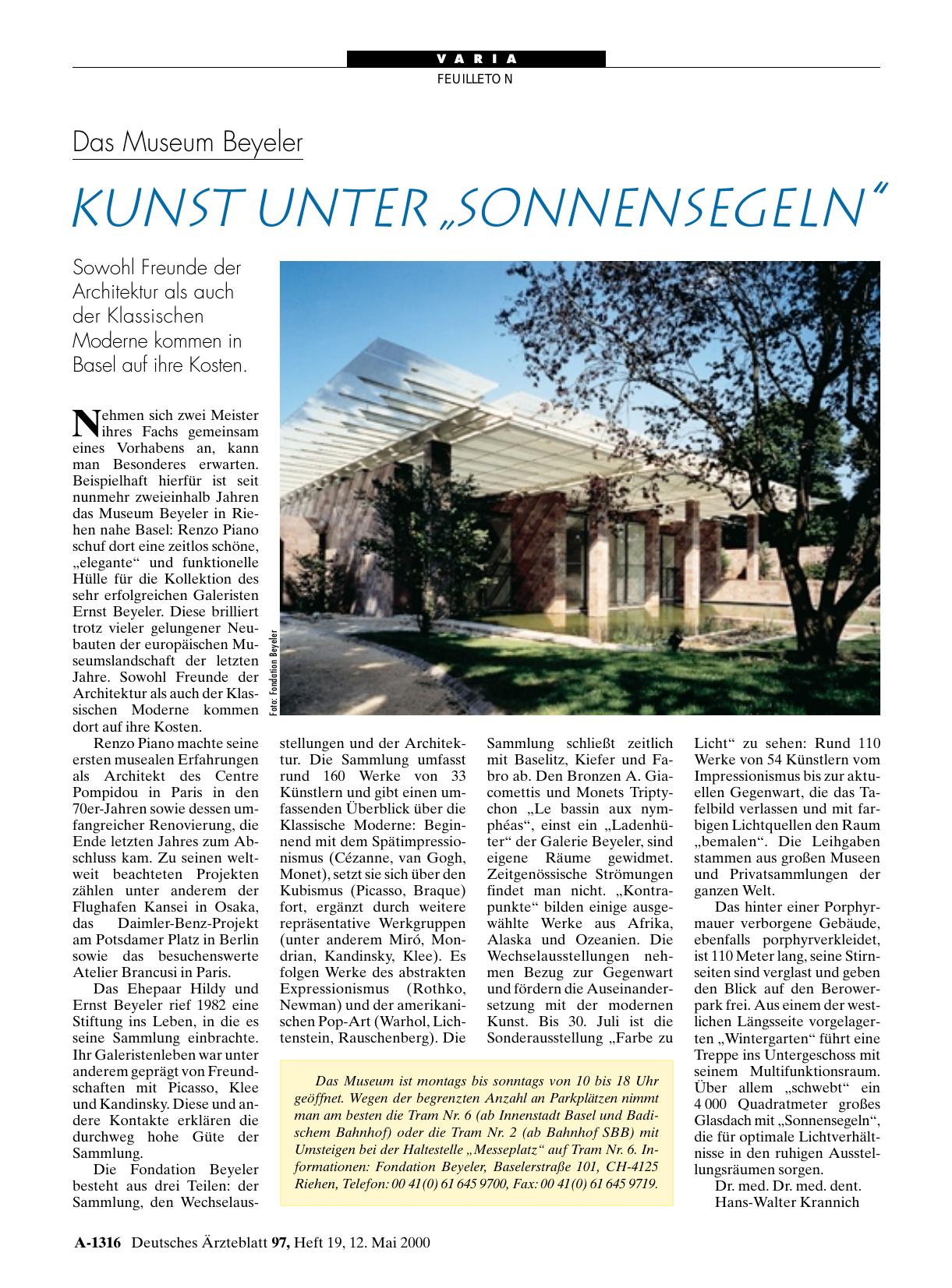 Vorschauseite 1: Das Museum Beyeler: Kunst unter „Sonnensegeln