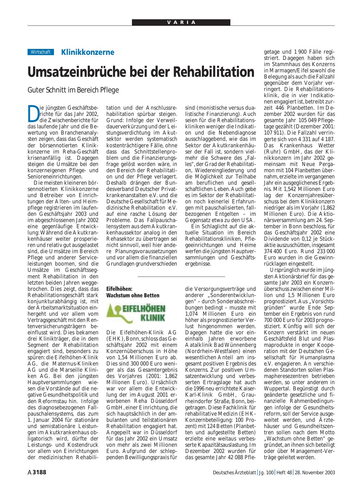 Vorschauseite 1: Klinikkonzerne: Umsatzeinbrüche bei der Rehabilitation