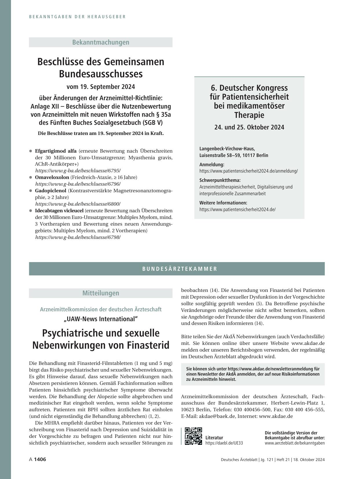 Vorschauseite 1: Arzneimittelkommission der deutschen Ärzteschaft: „UAW-News International“ Psychiatrische und sexuelle Nebenwirkungen von Finasterid